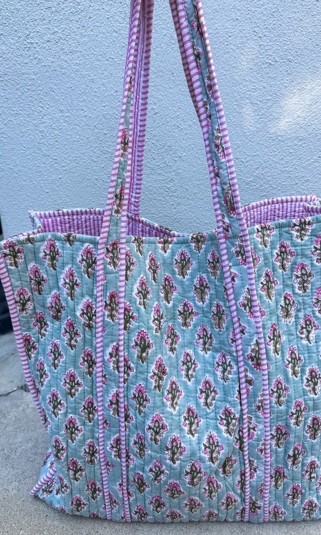 teal pink quilted block print tote bag