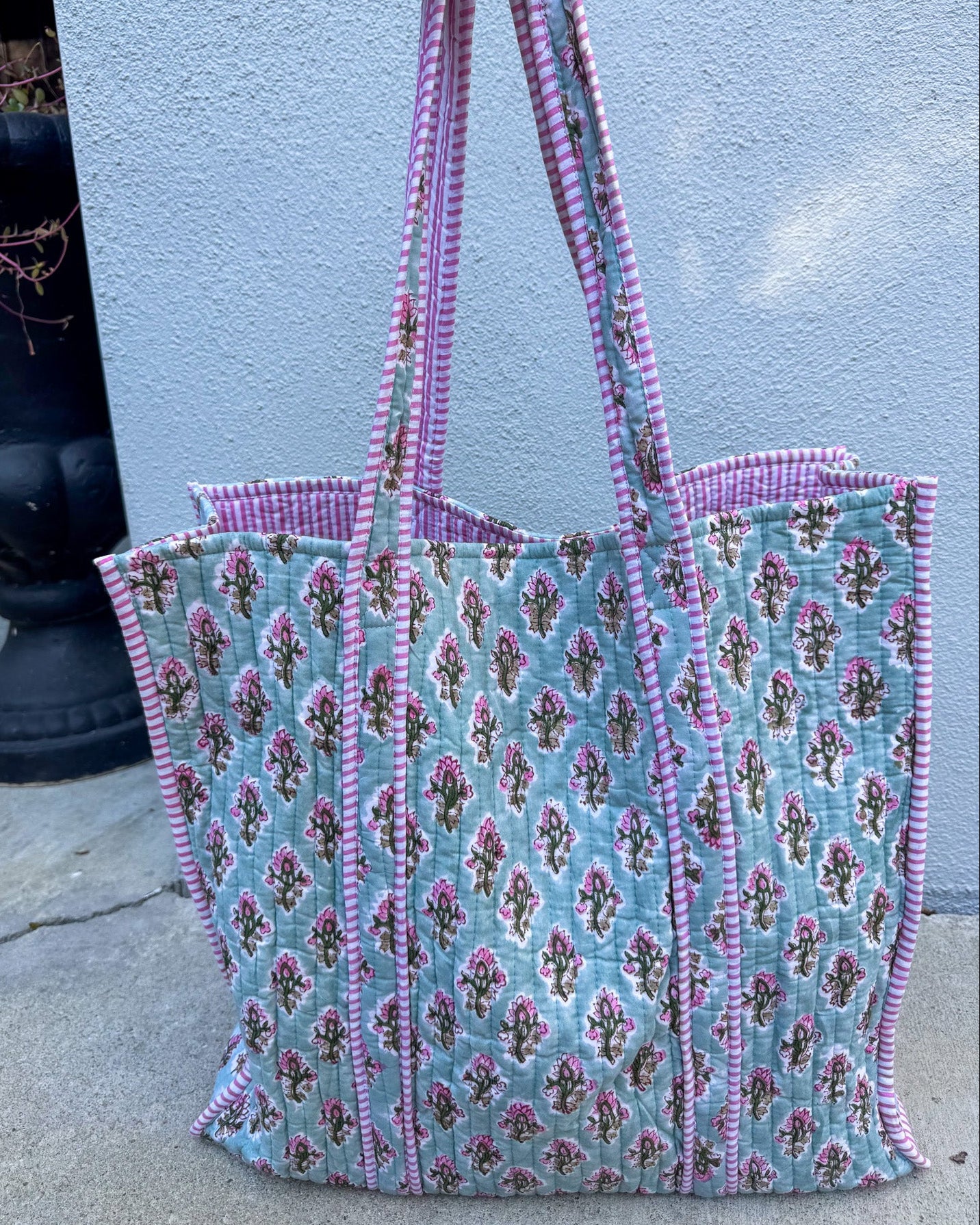 teal pink quilted block print tote bag