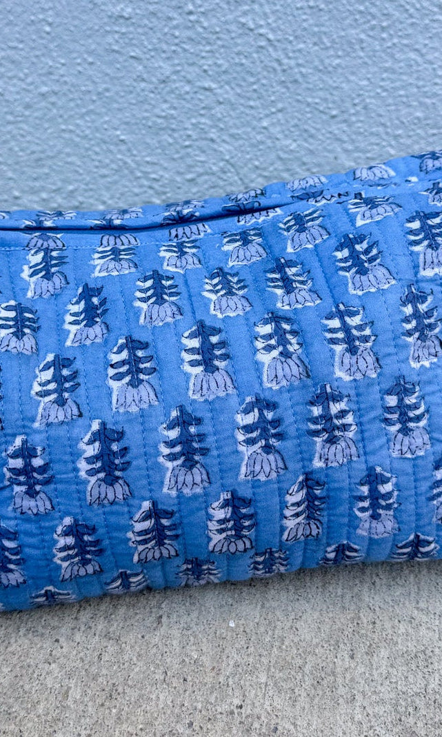 blue quilted block print cosmetic makeup bag