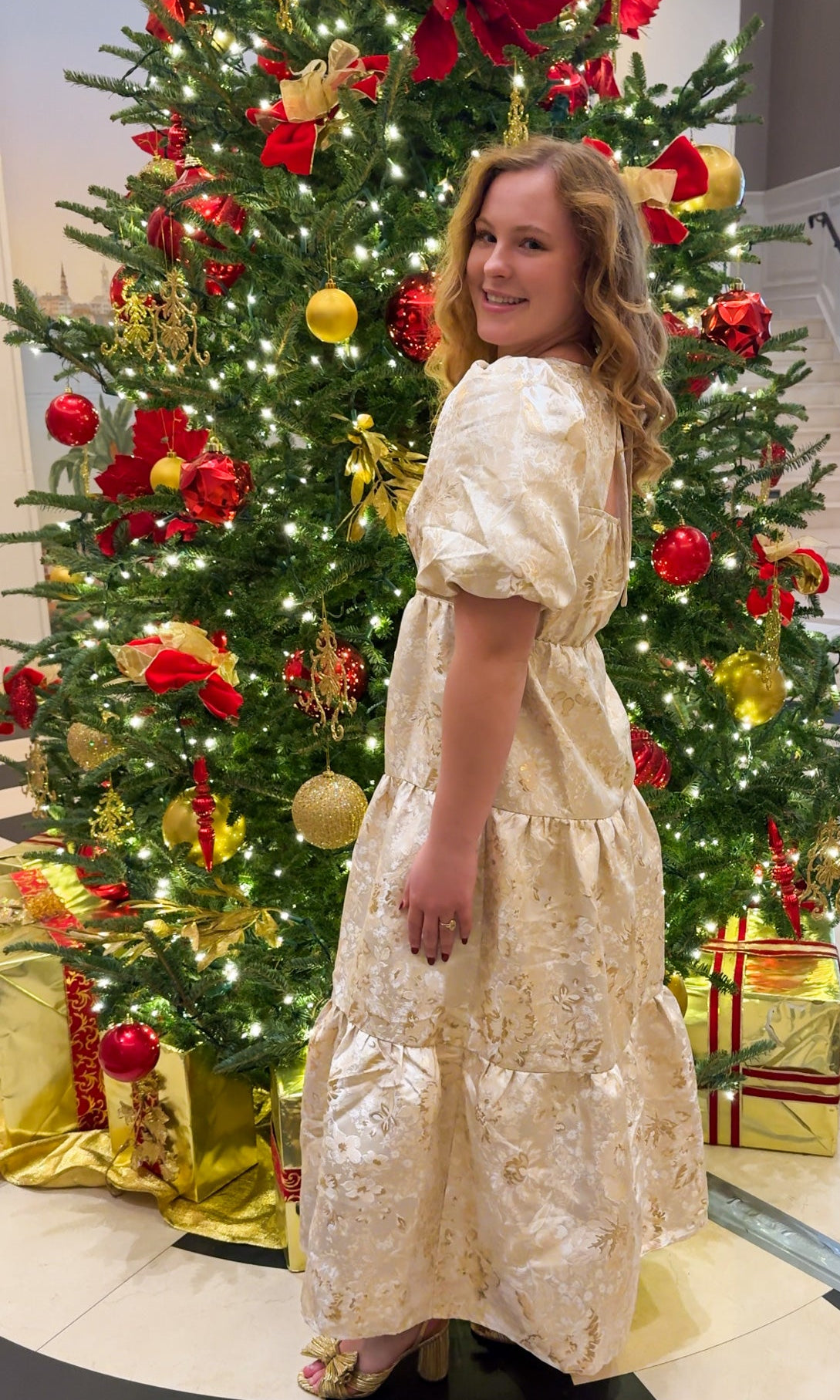 Champagne tiered jacquard maxi dress with bubble sleeves and self-tie open back — Sloane Maxi. gold and cream holiday dress