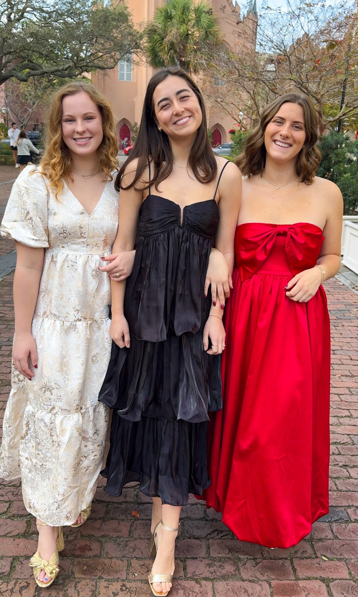 Champagne tiered jacquard maxi dress with bubble sleeves and self-tie open back — Sloane Maxi. gold and cream holiday dress