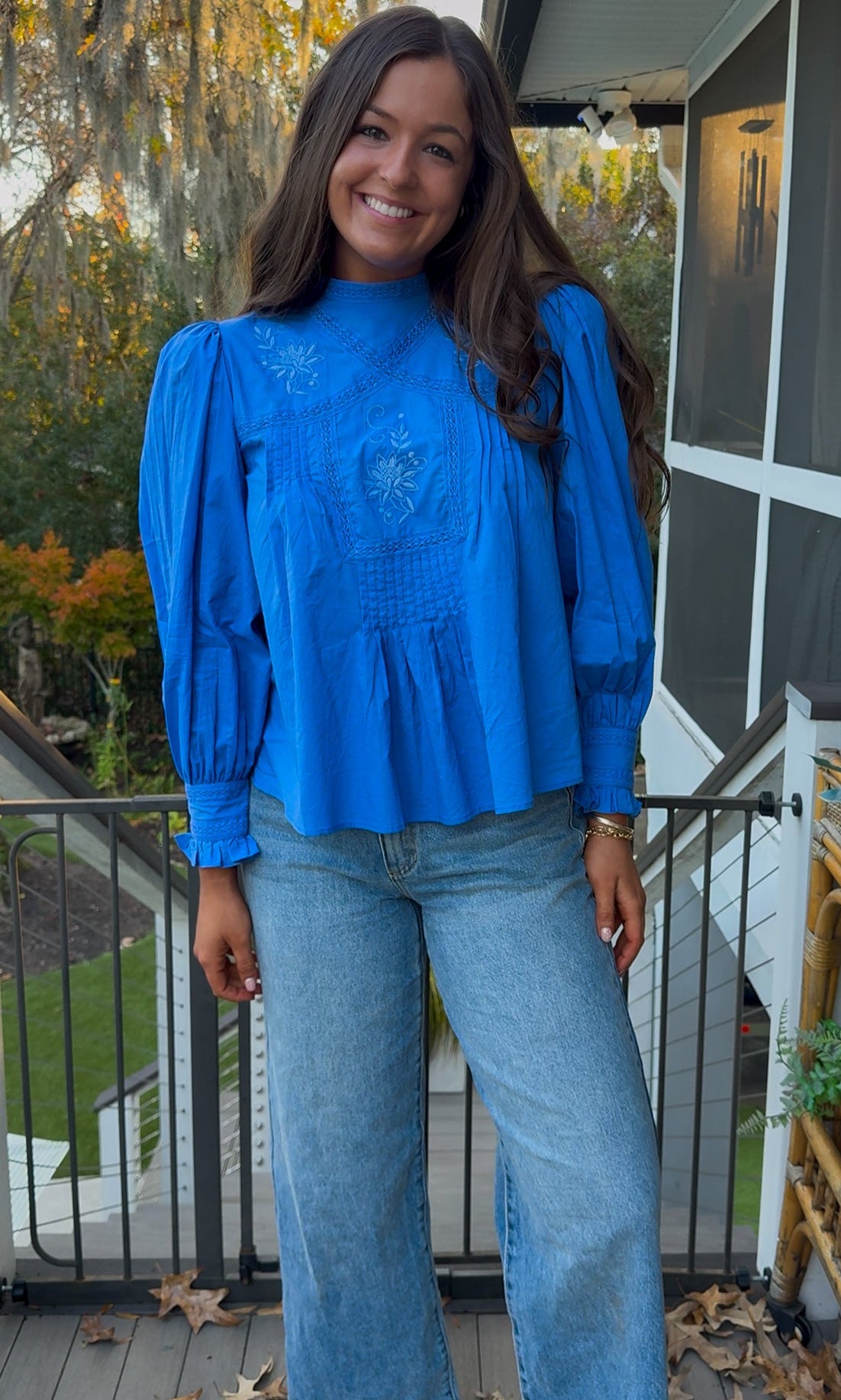 Azure blue embroidered blouse with puff sleeves and relaxed fit.