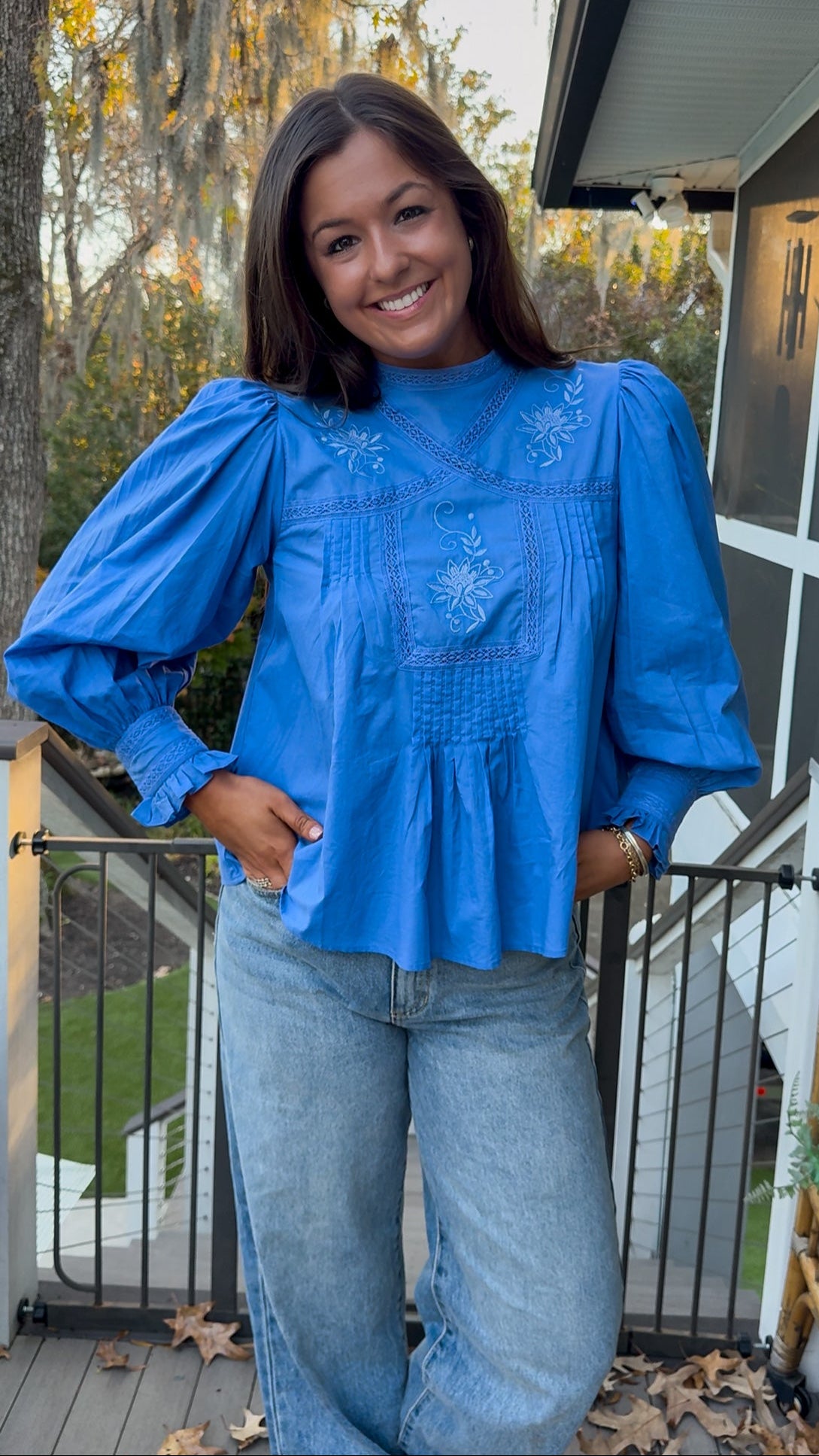 Azure blue embroidered blouse with puff sleeves and relaxed fit.