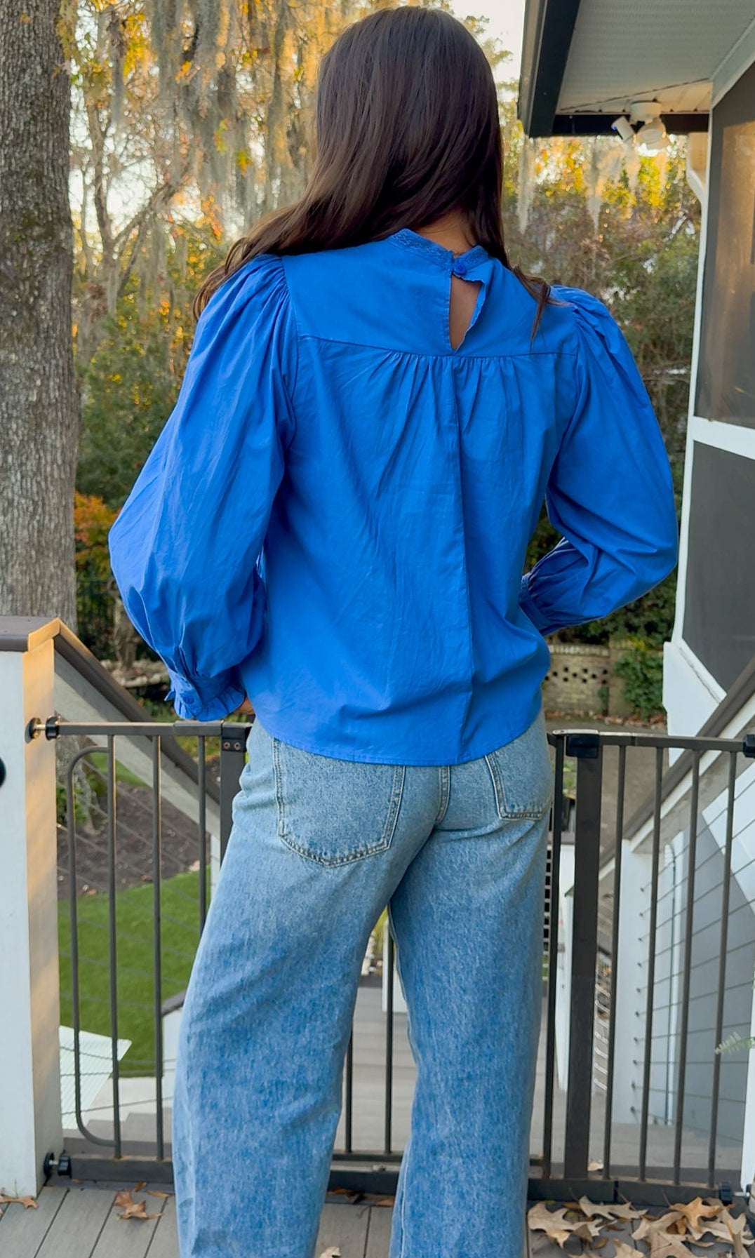 Azure blue embroidered blouse with puff sleeves and relaxed fit.
