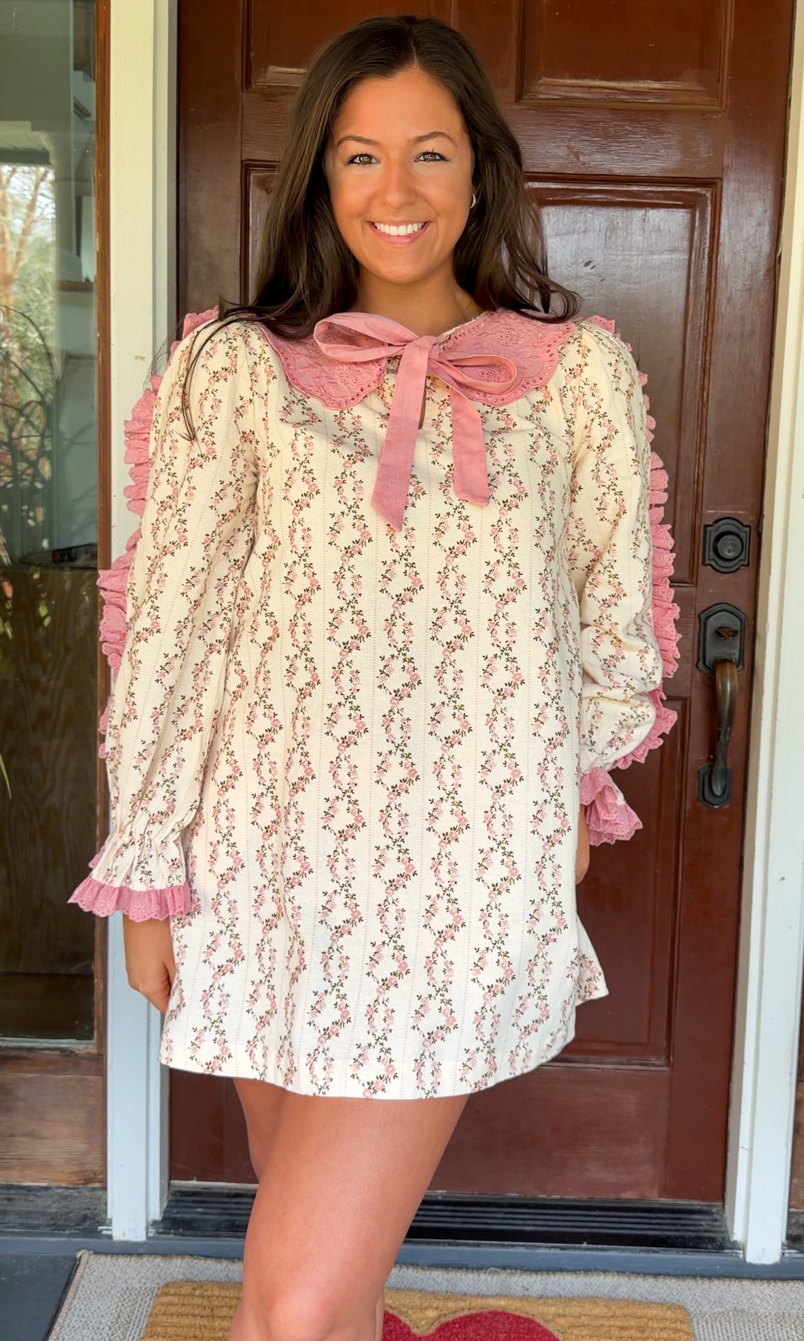 Cream rose stripe floral mini dress with pink scalloped lace collar and ribbon tie.