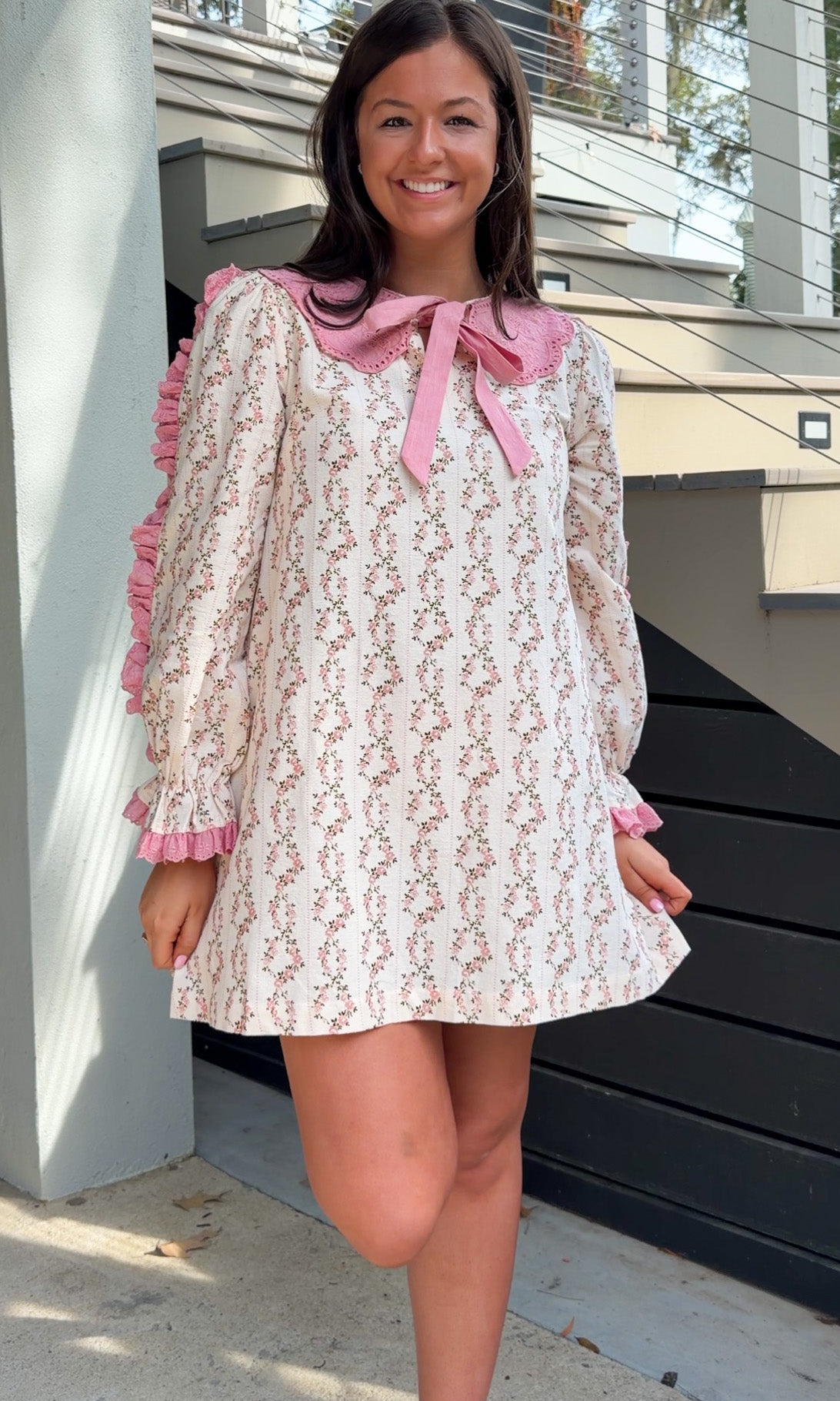 Cream rose stripe floral mini dress with pink scalloped lace collar and ribbon tie.
