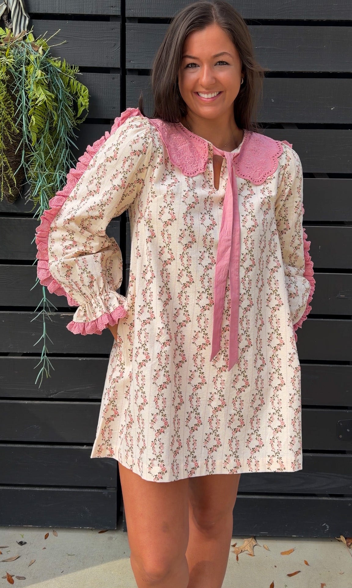 Cream rose stripe floral mini dress with pink scalloped lace collar and ribbon tie.