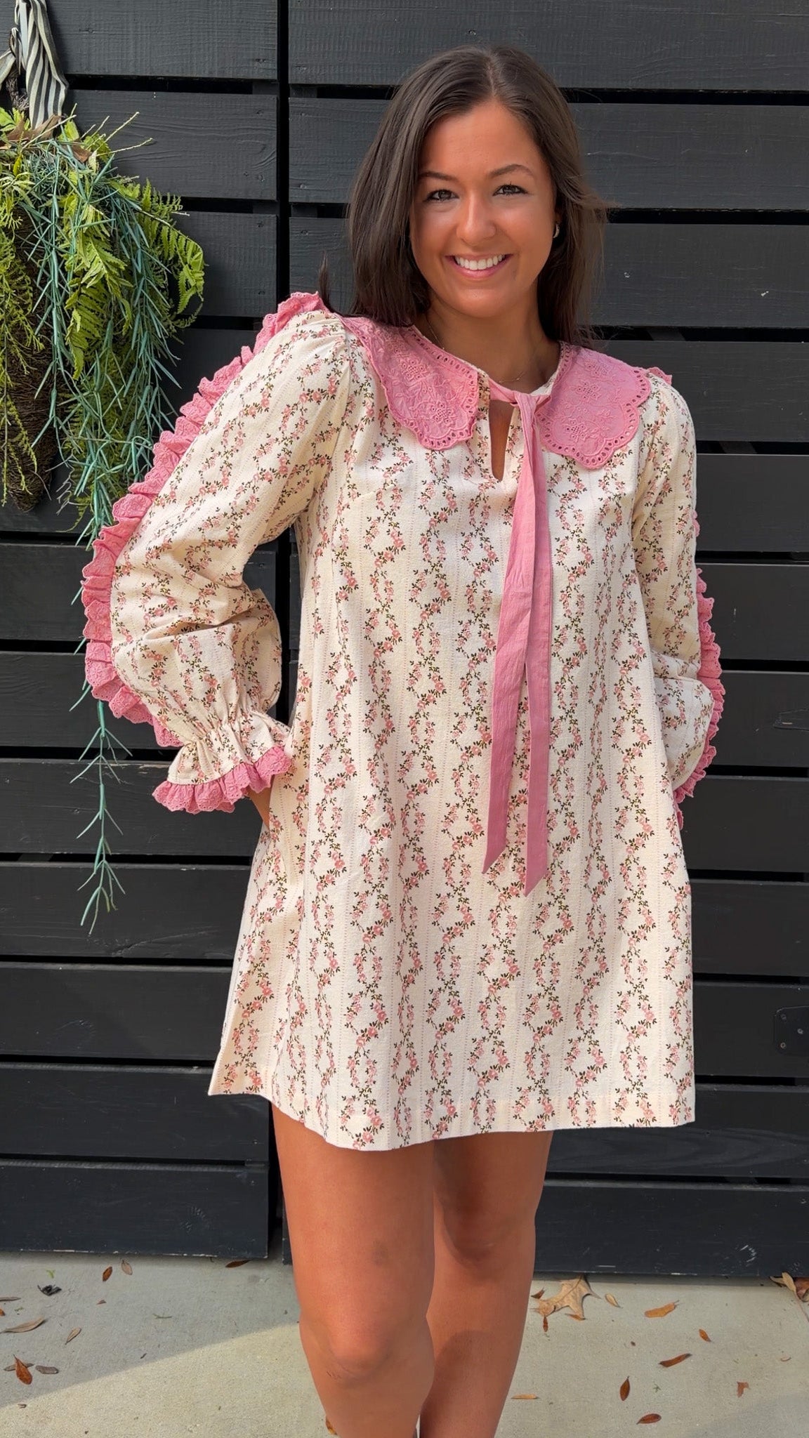 Cream rose stripe floral mini dress with pink scalloped lace collar and ribbon tie.