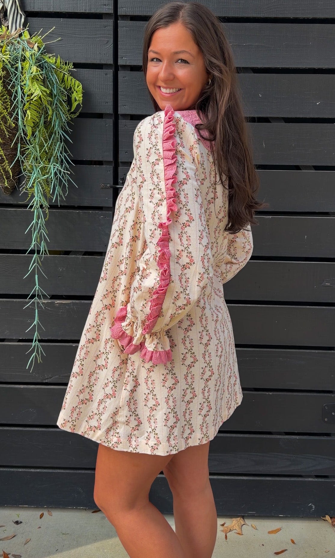 Cream rose stripe floral mini dress with pink scalloped lace collar and ribbon tie.