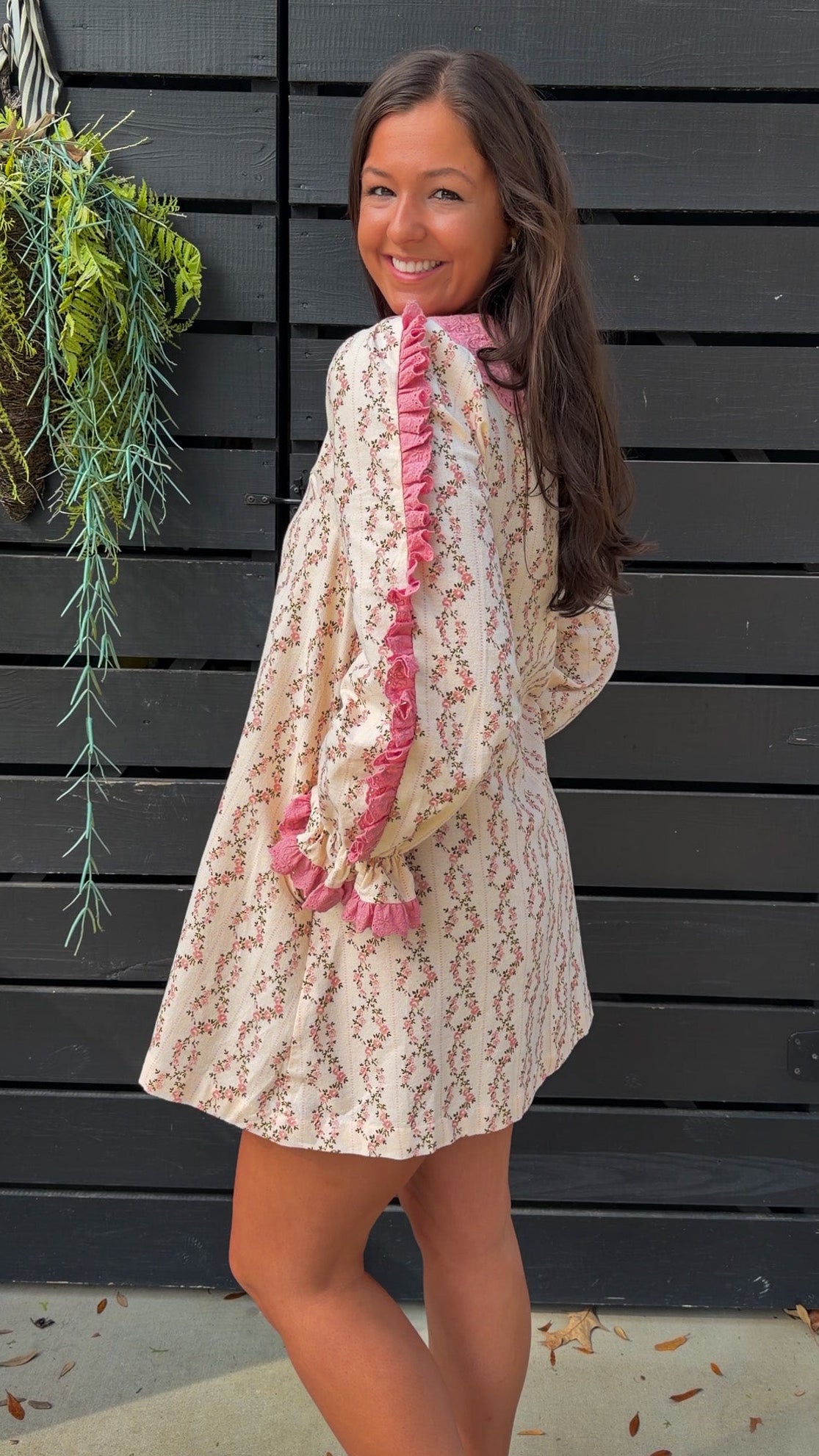 Cream rose stripe floral mini dress with pink scalloped lace collar and ribbon tie.