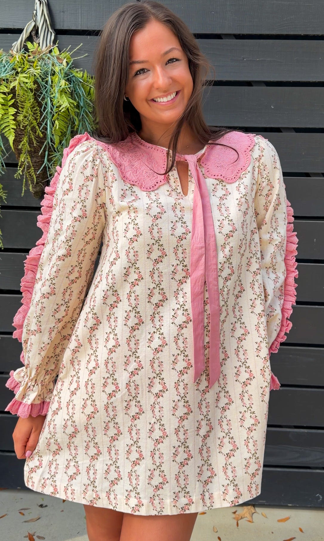 Cream rose stripe floral mini dress with pink scalloped lace collar and ribbon tie.