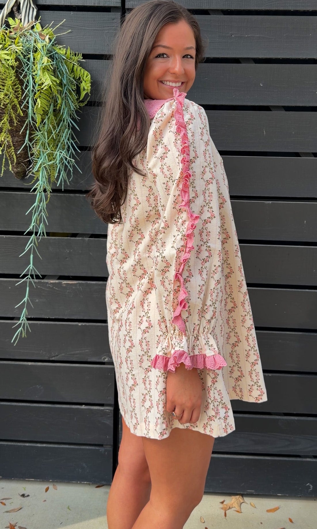 Cream rose stripe floral mini dress with pink scalloped lace collar and ribbon tie.