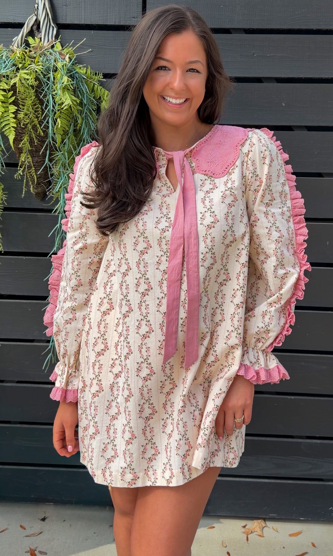 Cream rose stripe floral mini dress with pink scalloped lace collar and ribbon tie.