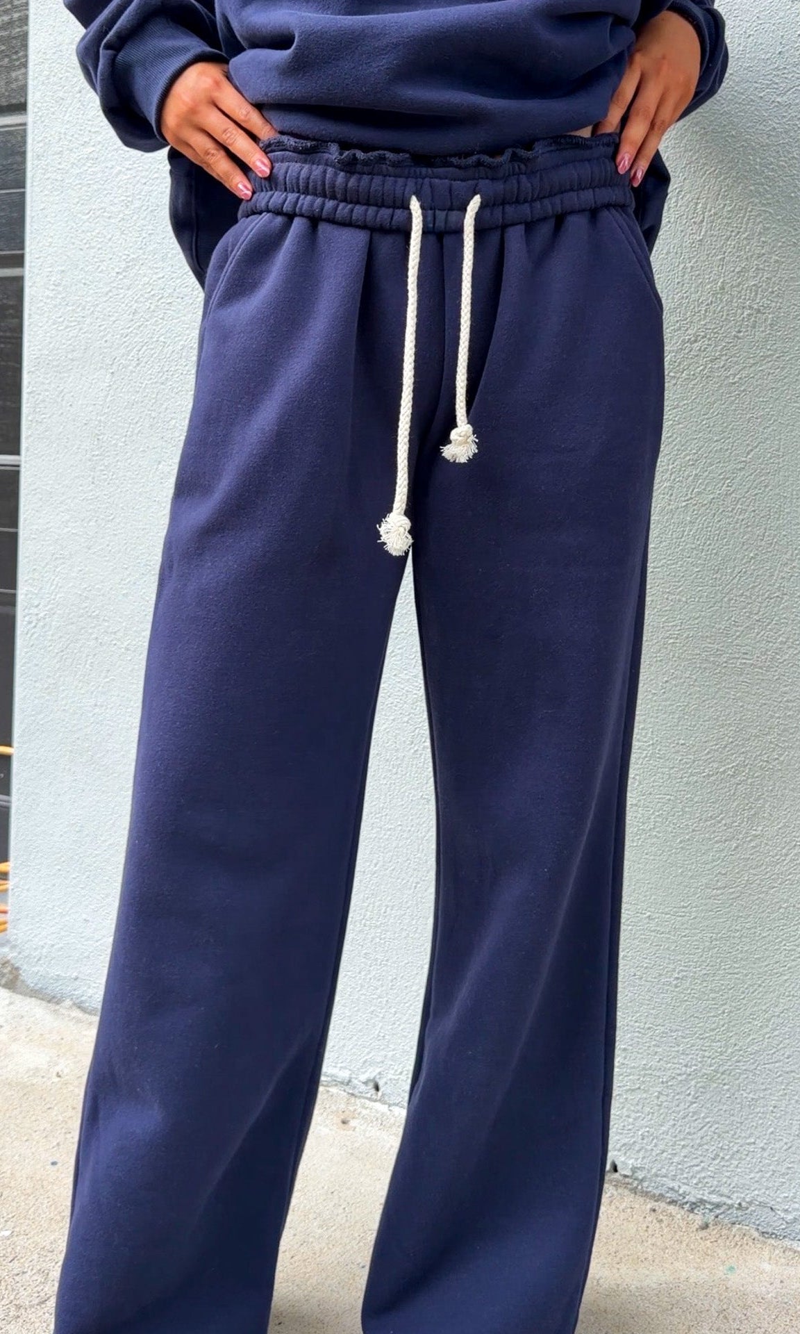 navy wide leg sweatpants with stretch waist and drawstring