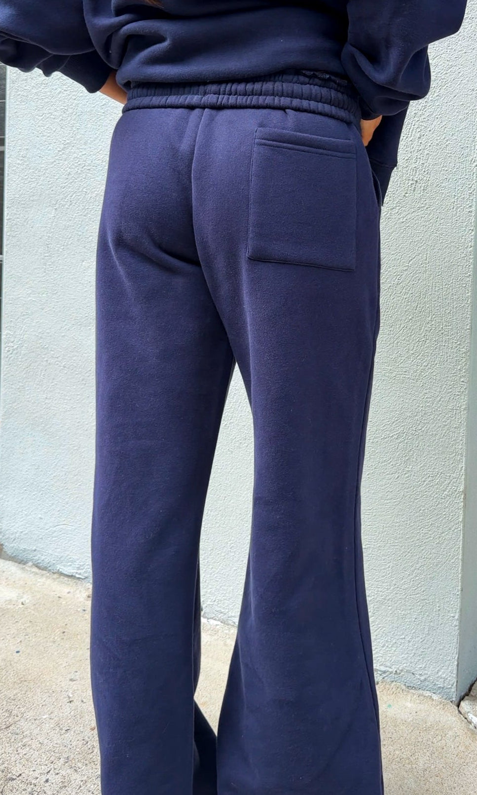 navy wide leg sweatpants with stretch waist and drawstring