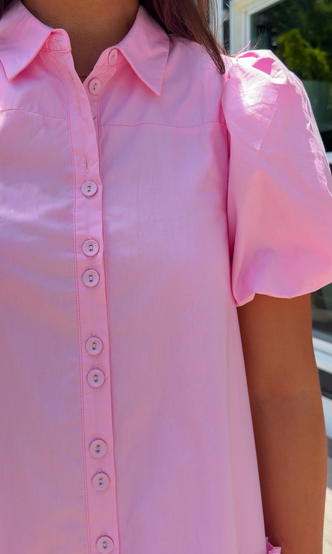 pink poplin mini dress button down front puff sleeves