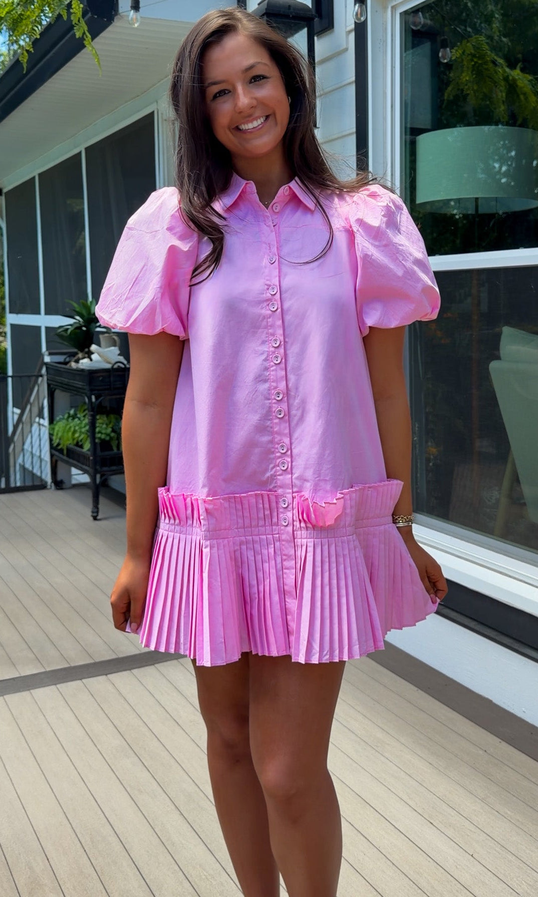 pink poplin mini dress button down front puff sleeves