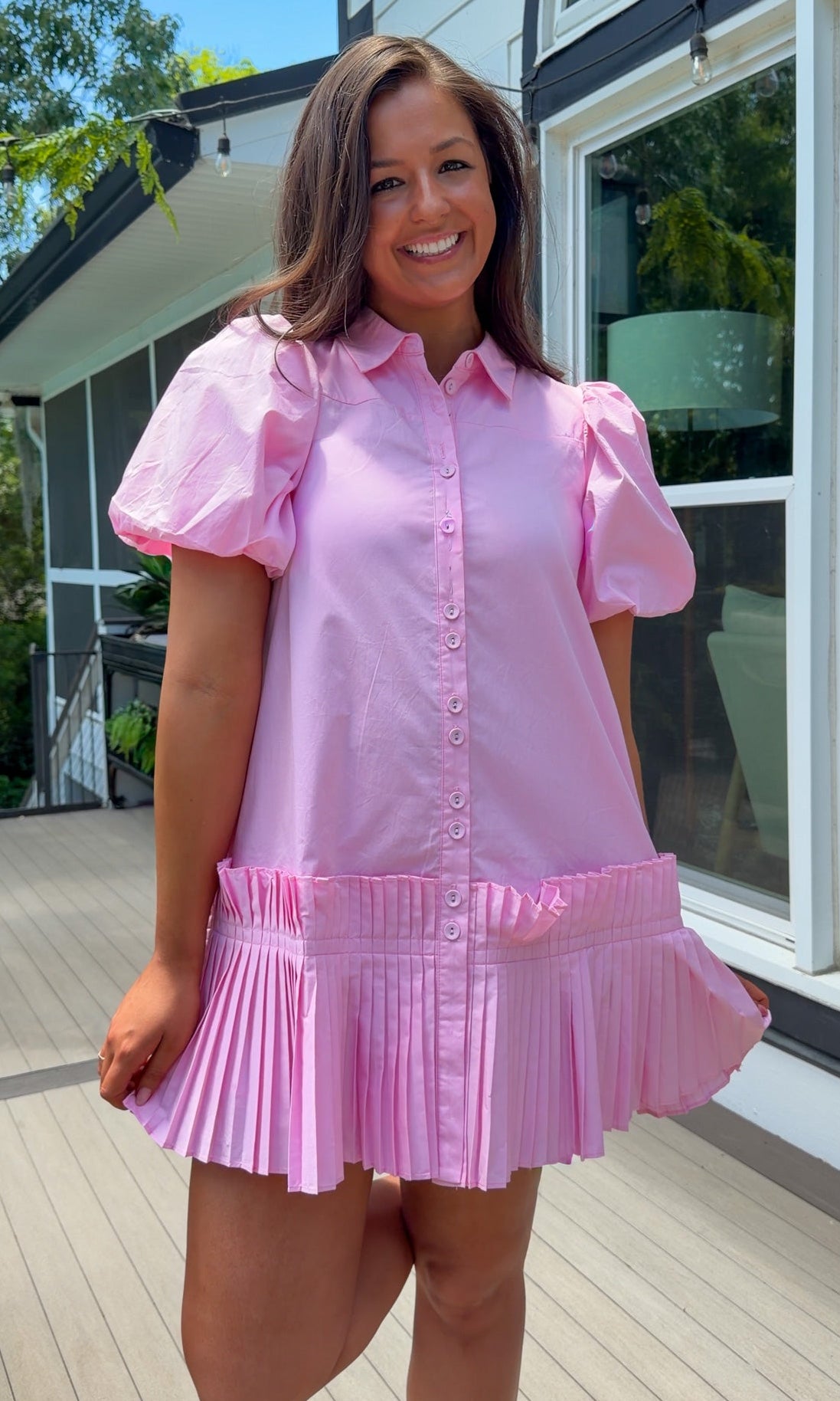 pink poplin mini dress button down front puff sleeves