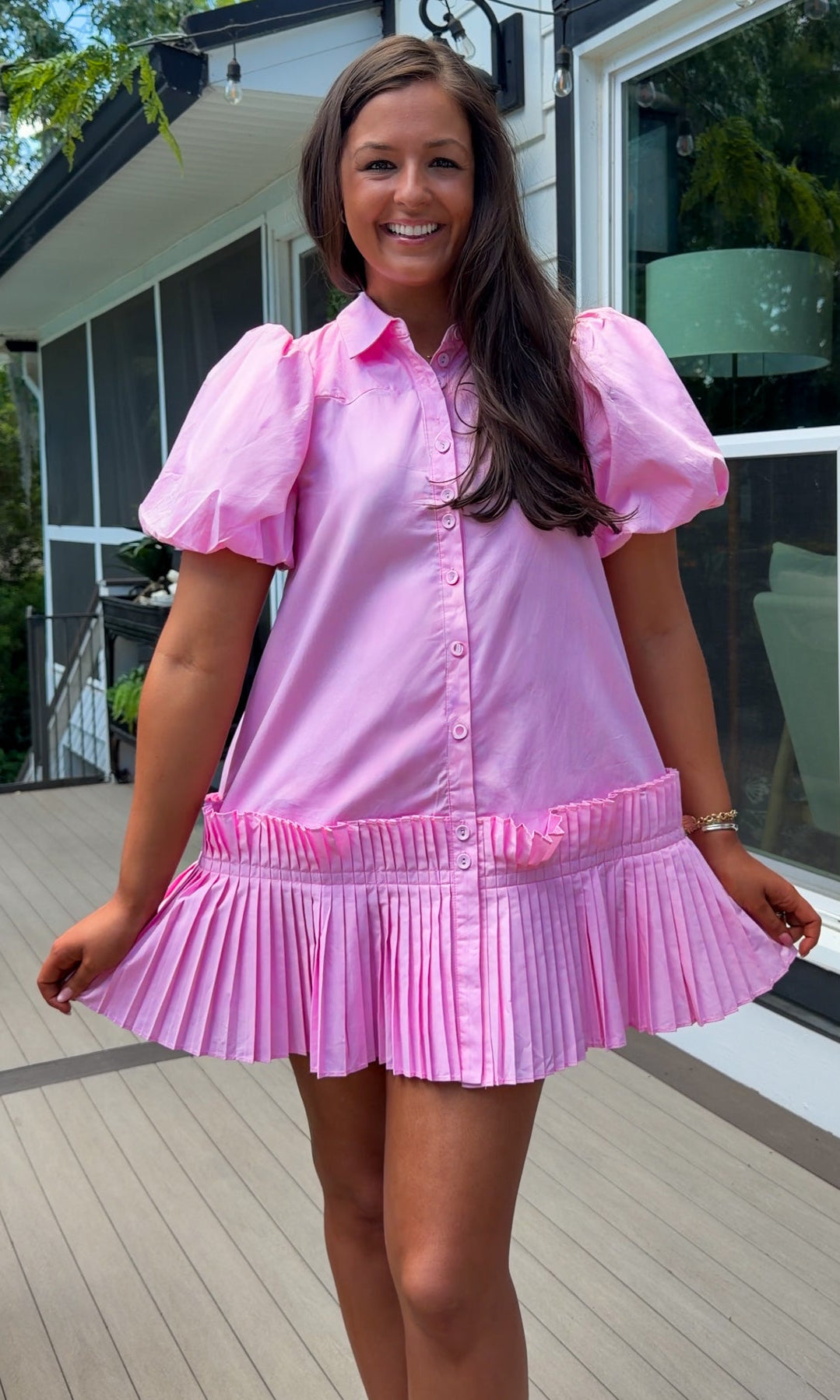 pink poplin mini dress button down front puff sleeves
