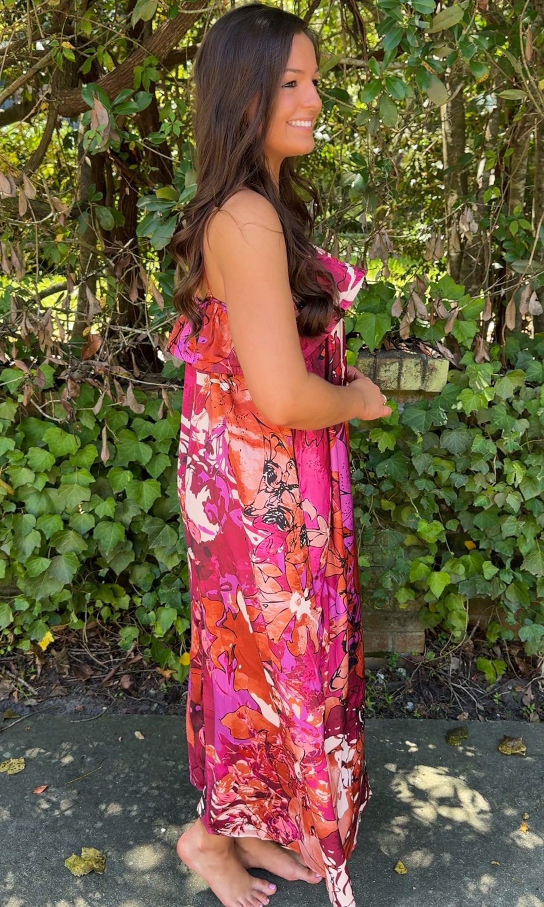 side view burgundy floral fall dress with spaghetti straps and ruffle top