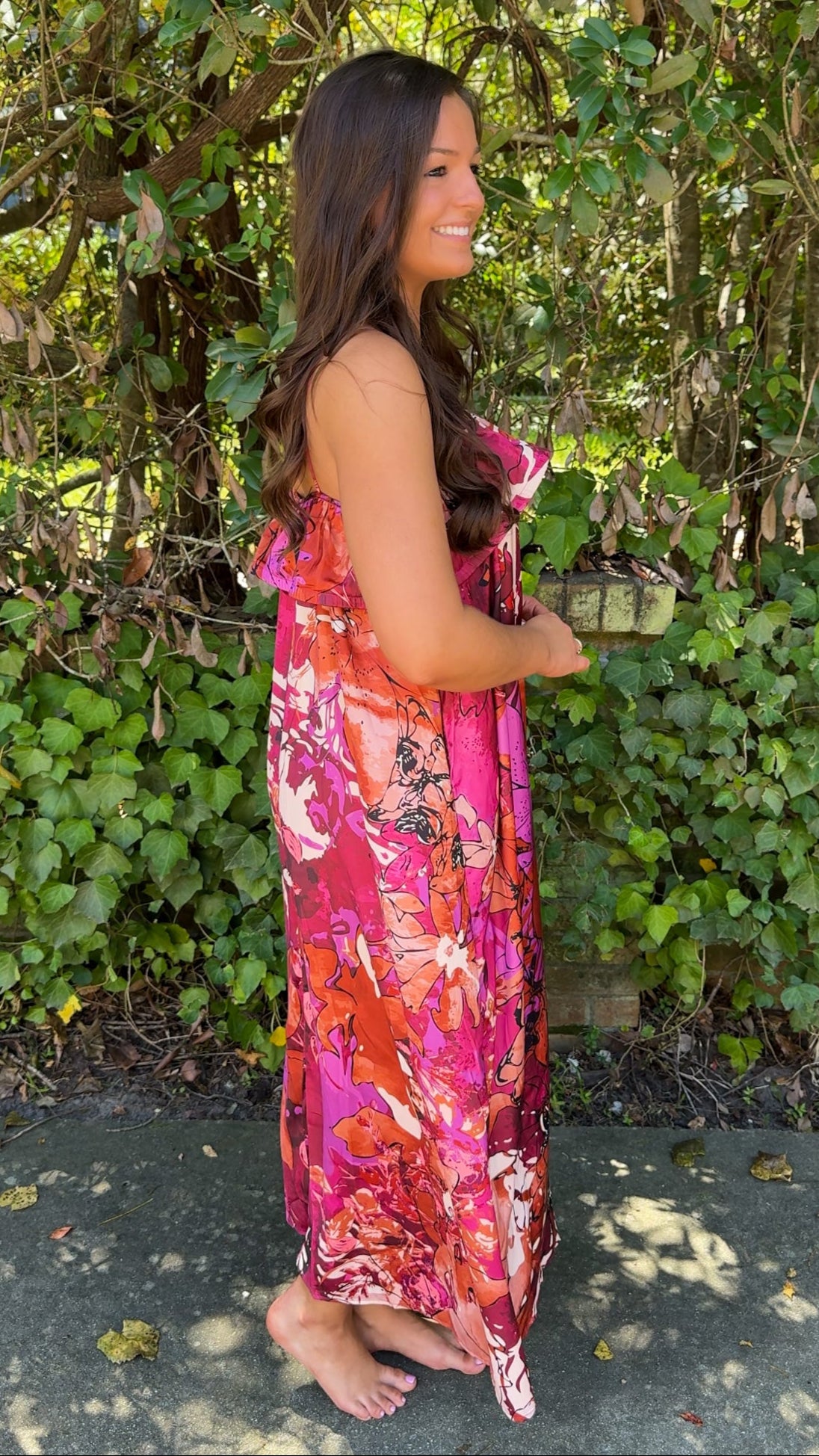 side view burgundy floral fall dress with spaghetti straps and ruffle top