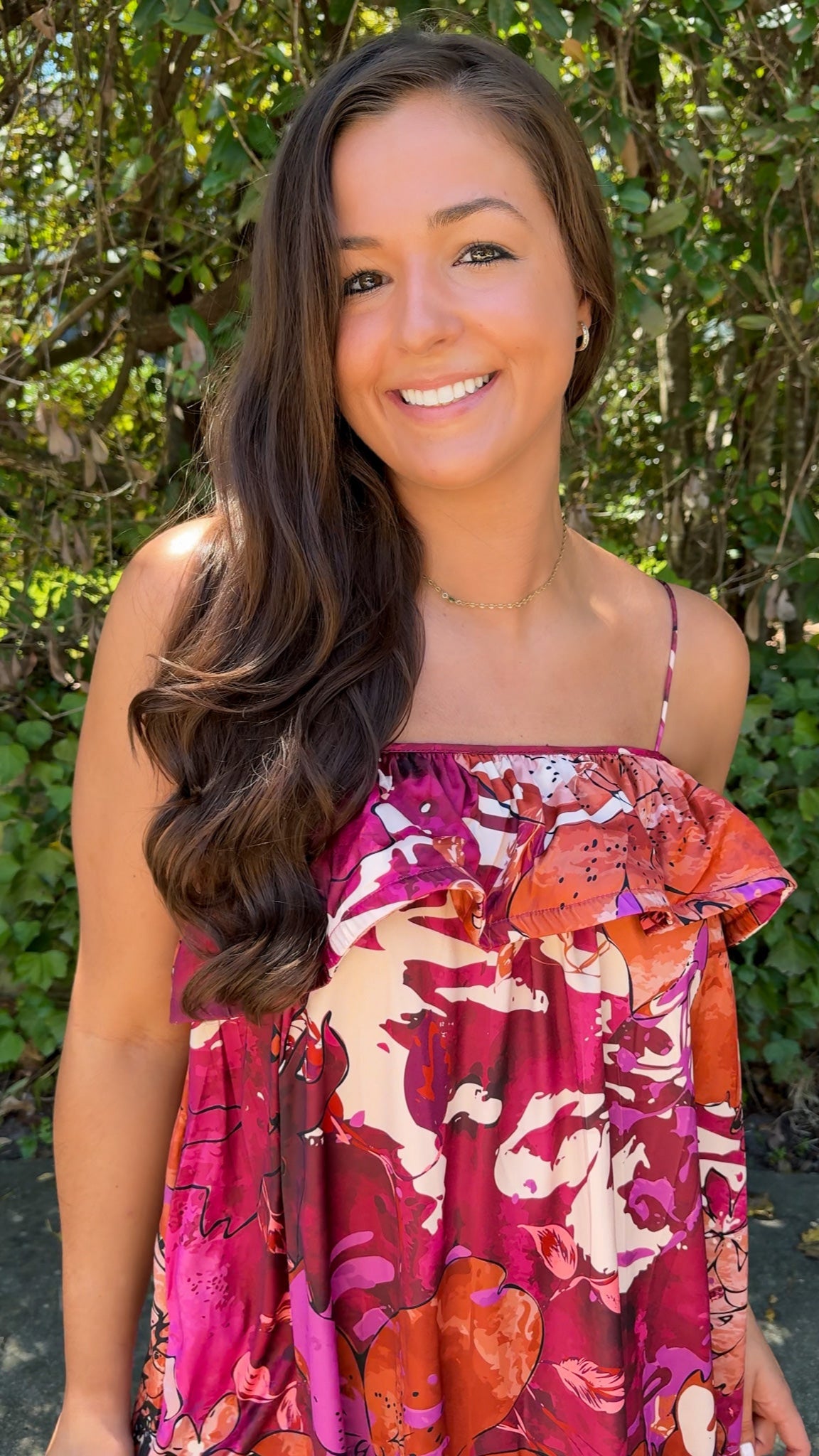 close view burgundy floral fall dress with spaghetti straps and ruffle top
