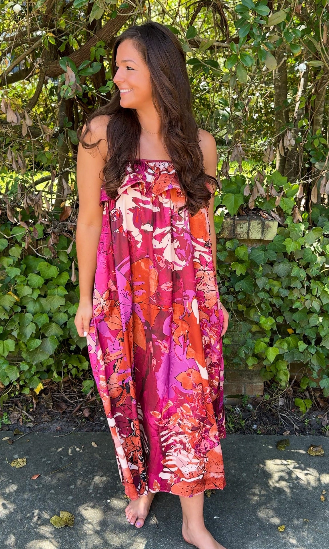 burgundy floral fall dress with spaghetti straps and ruffle top 3