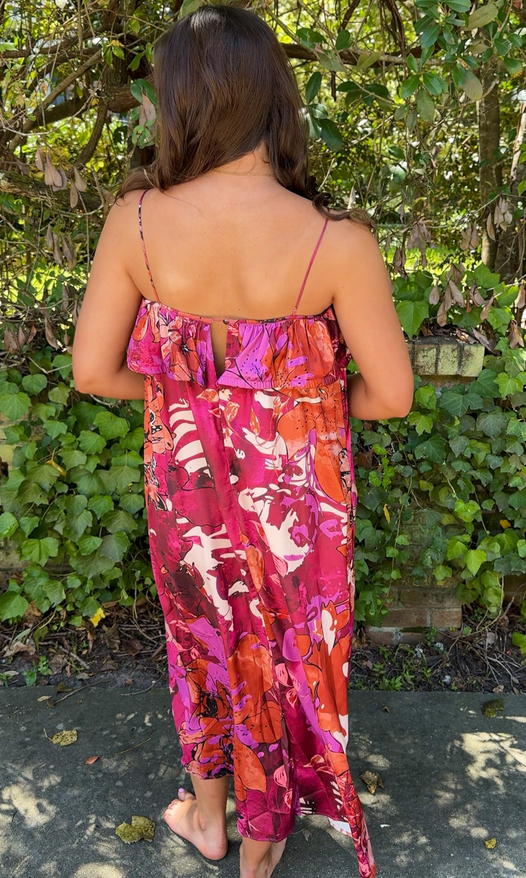 back view burgundy floral fall dress with spaghetti straps and ruffle top