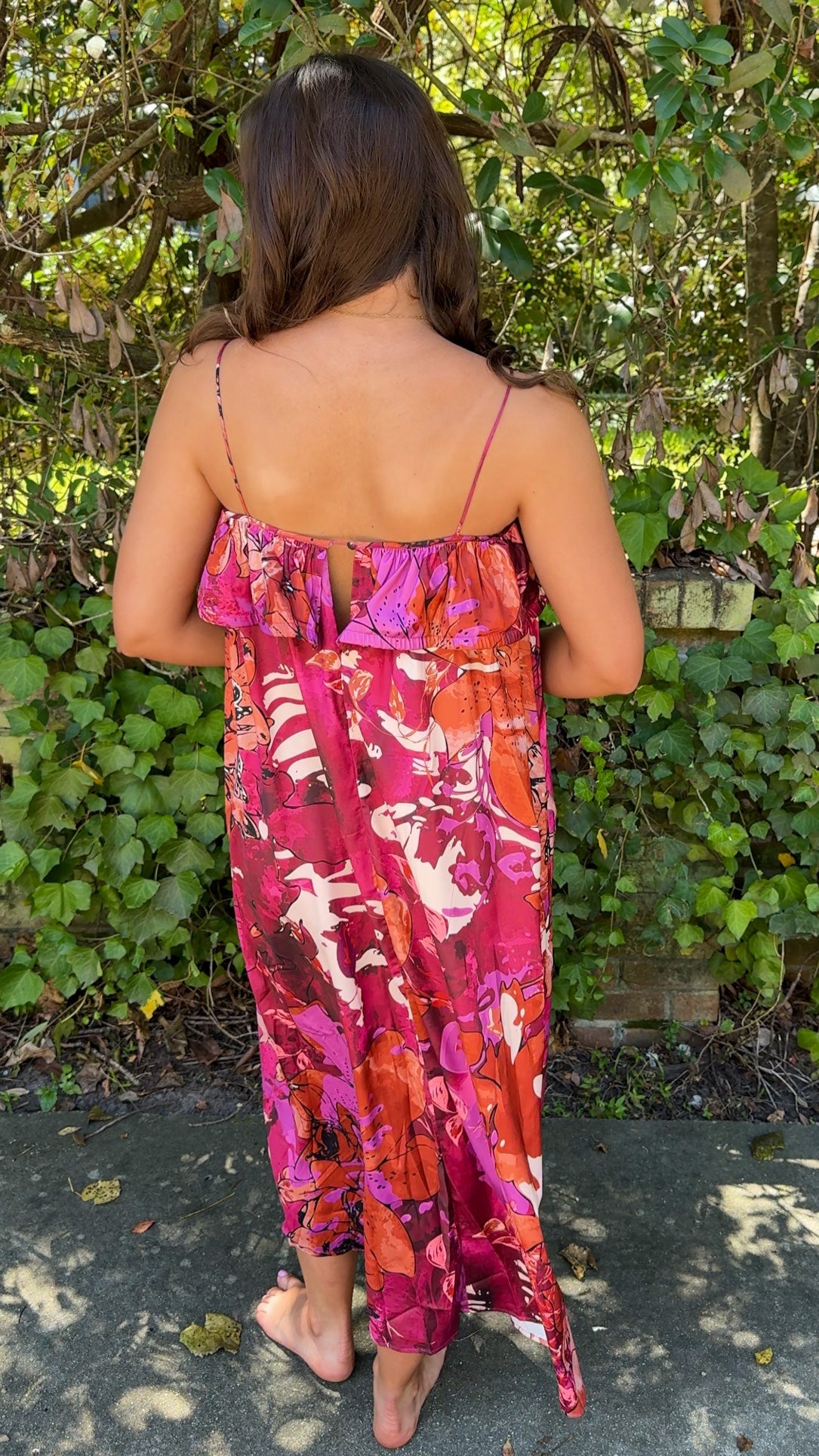 back view burgundy floral fall dress with spaghetti straps and ruffle top