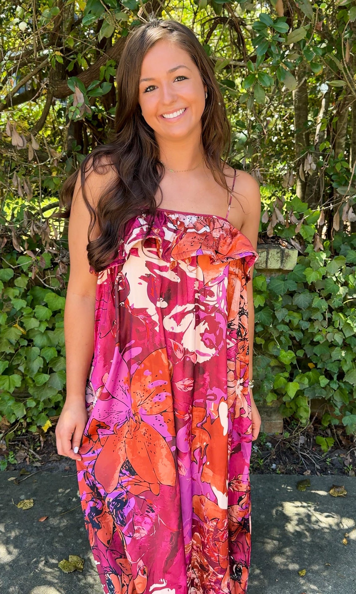 burgundy floral fall dress with spaghetti straps and ruffle top 2