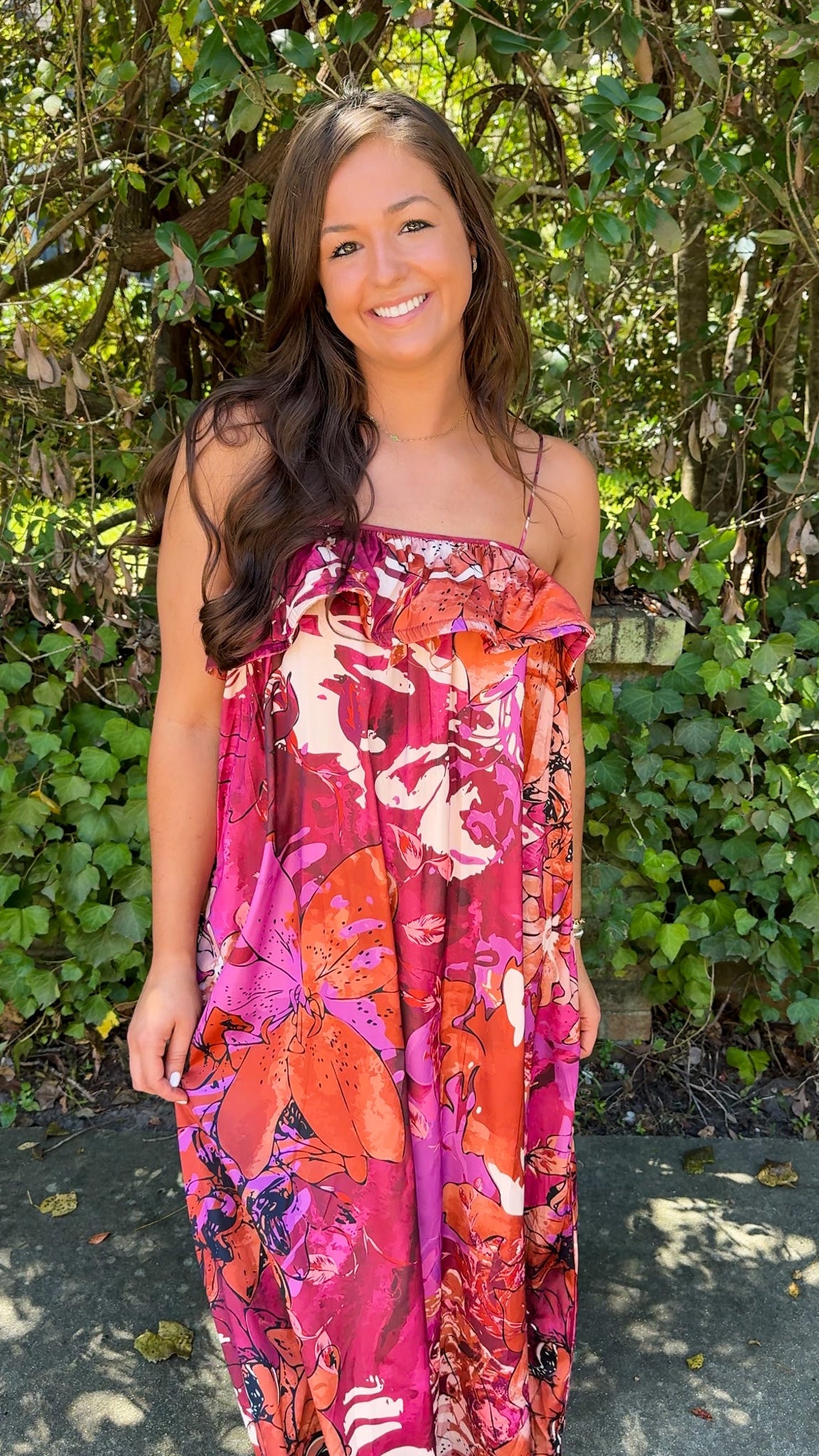 burgundy floral fall dress with spaghetti straps and ruffle top 2