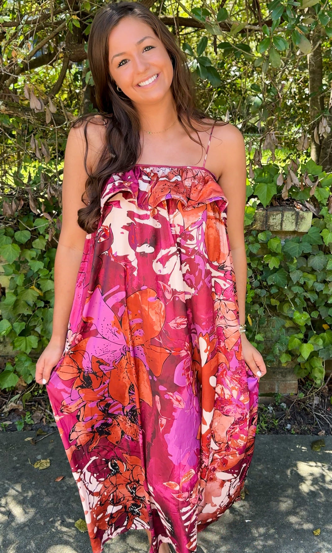 burgundy floral fall dress with spaghetti straps and ruffle top front