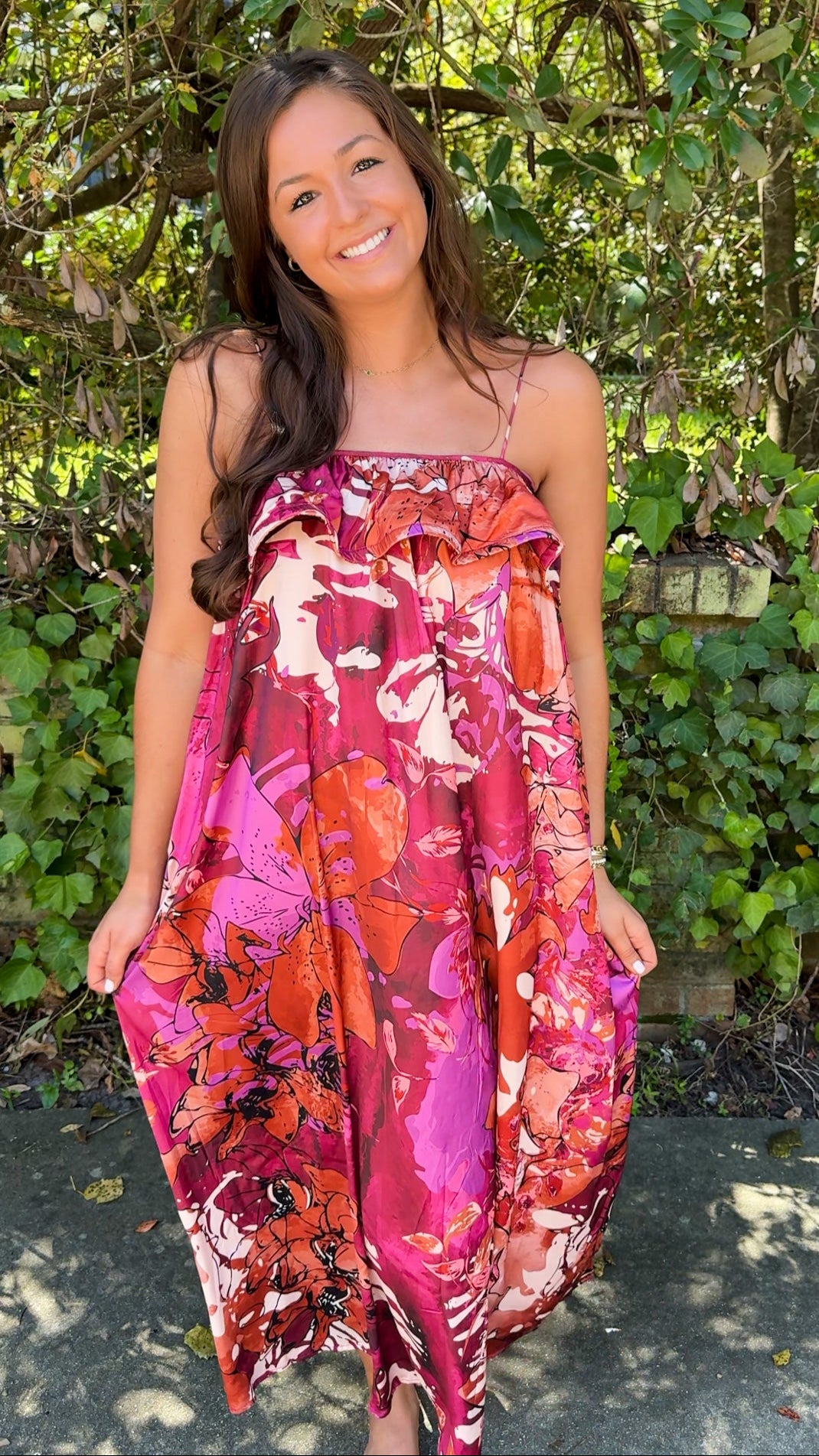 burgundy floral fall dress with spaghetti straps and ruffle top front