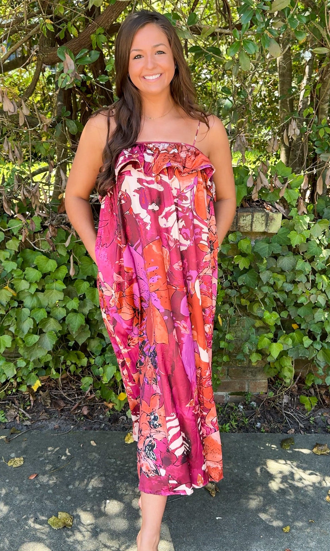 burgundy floral fall dress with spaghetti straps and ruffle top 4