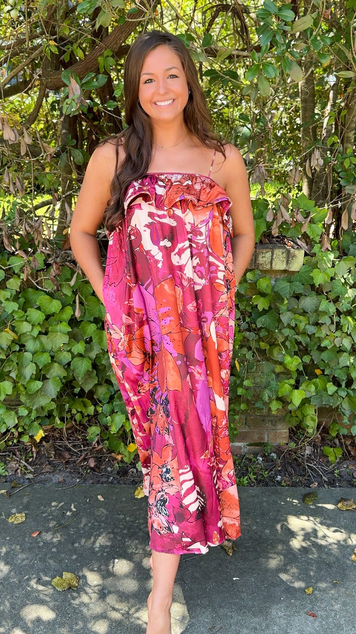 burgundy floral fall dress with spaghetti straps and ruffle top 4