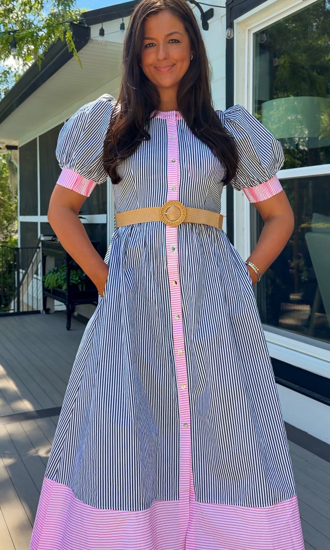 navy and pink stripe women's midi dress with belt and puff sleeves