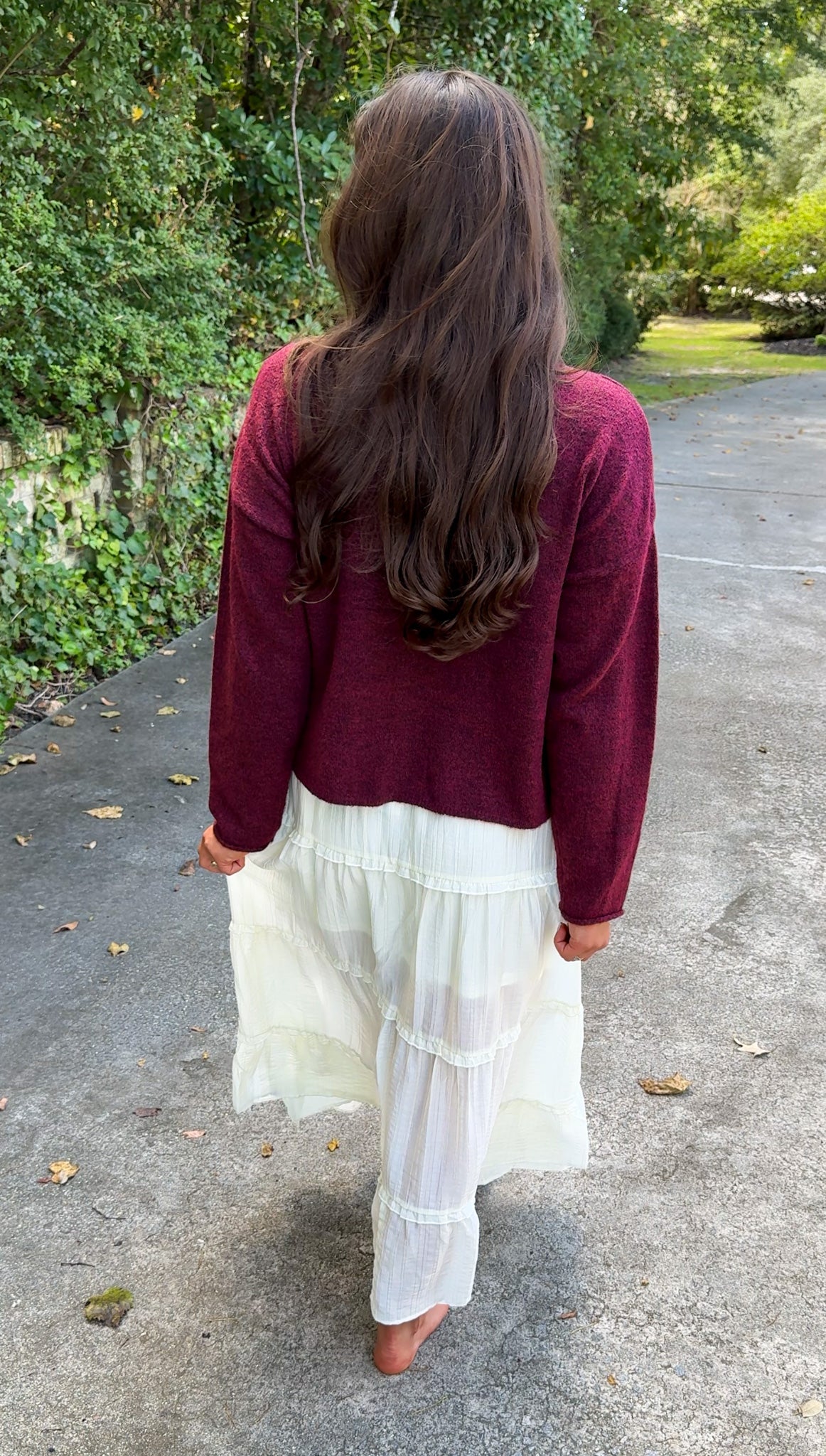 maroon sweater and ivory cream ruffle maxi skirt - back