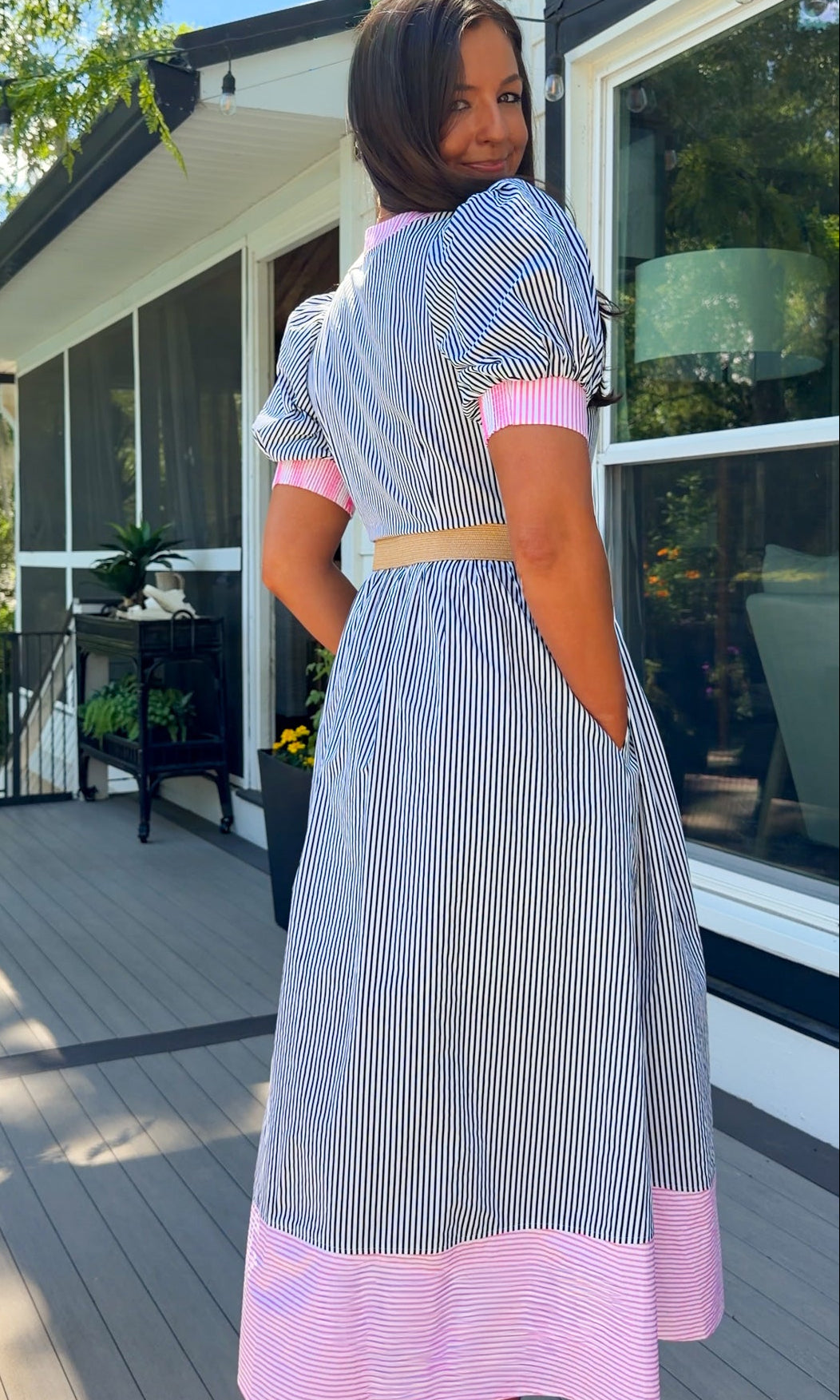 navy and pink stripe women's midi dress with belt and puff sleeves