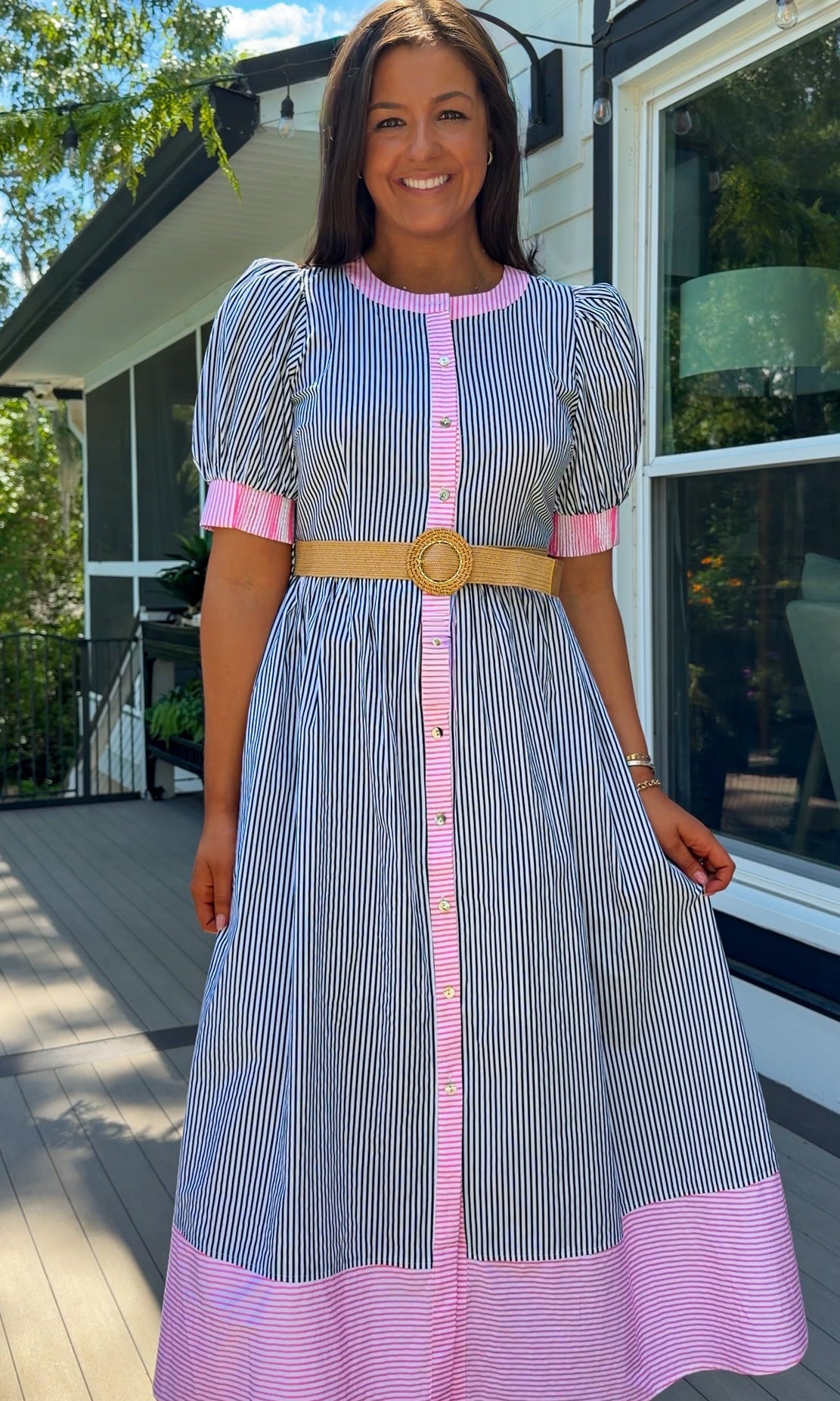 navy and pink stripe women's midi dress with belt and puff sleeves