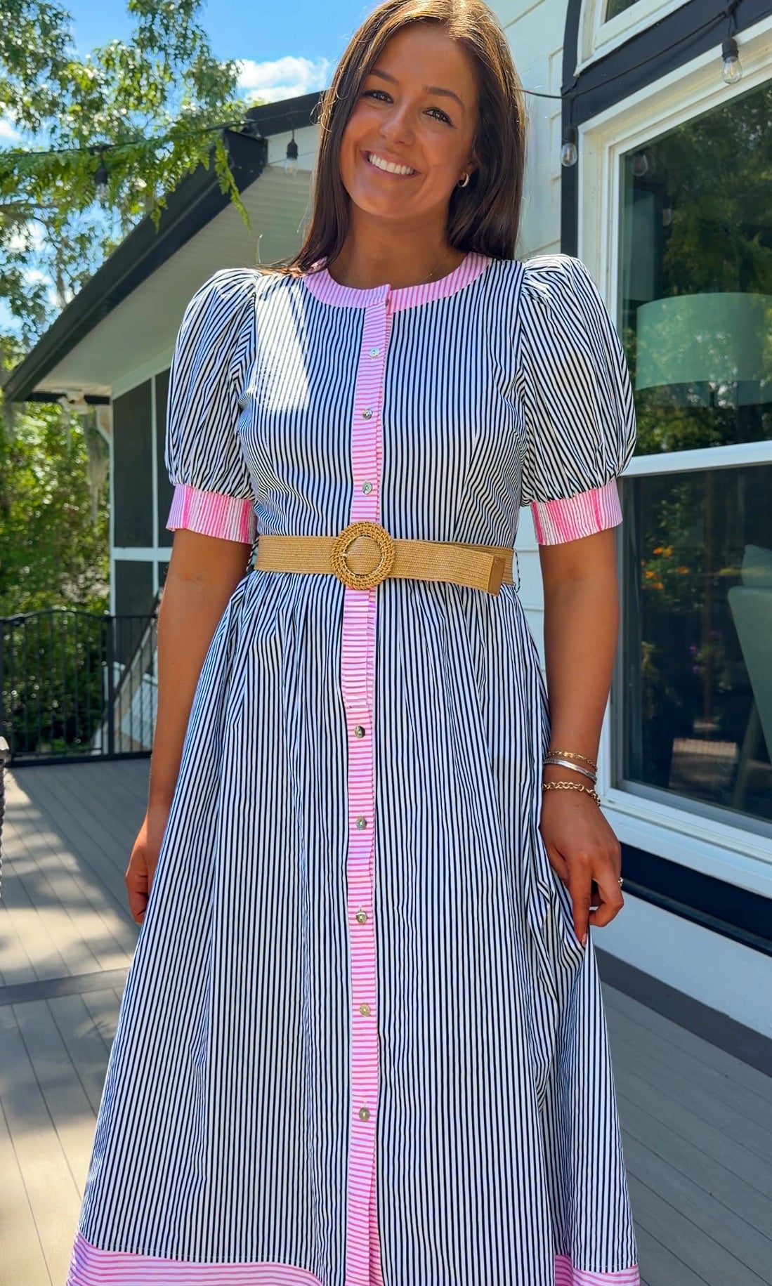 navy and pink stripe women's midi dress with belt and puff sleeves