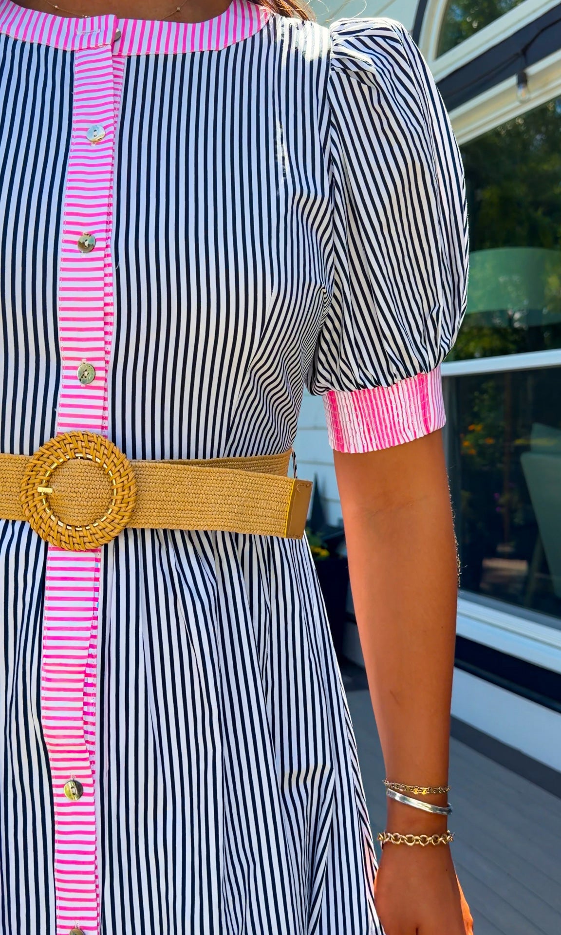 navy and pink stripe women's midi dress with belt and puff sleeves