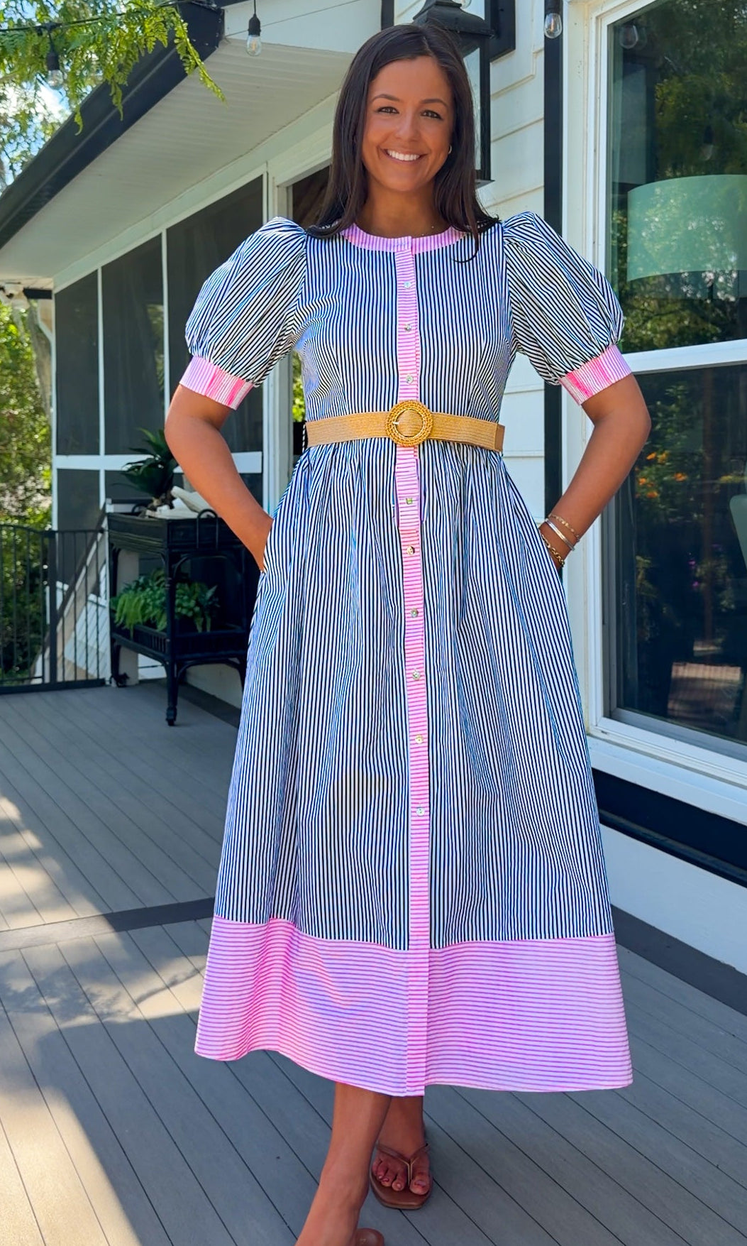 navy and pink stripe women's midi dress with belt and puff sleeves