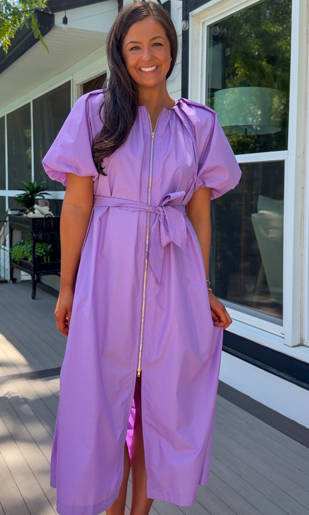 women's midi dress purple dress zipper closure puff sleeves belt