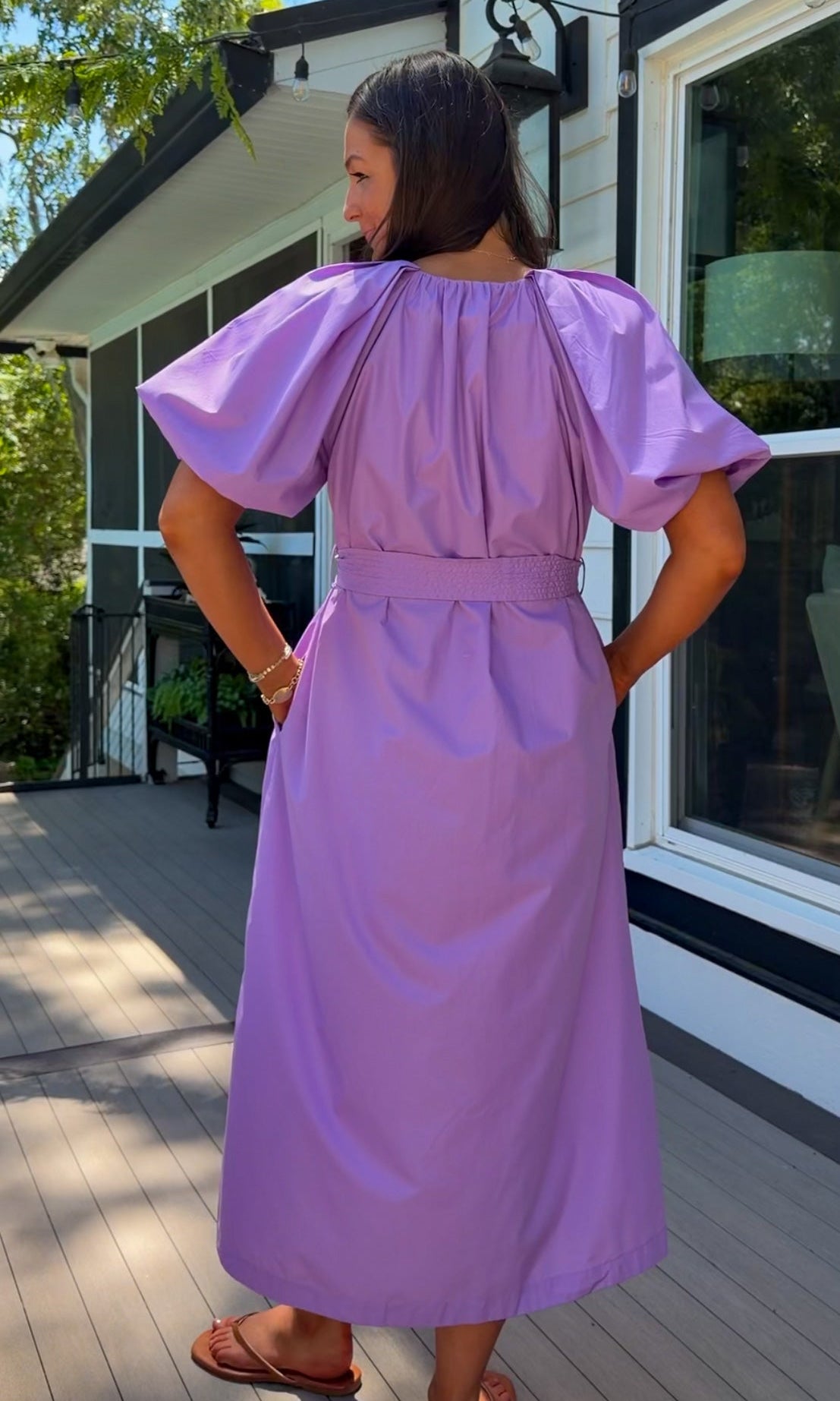 women's midi dress purple dress zipper closure puff sleeves belt