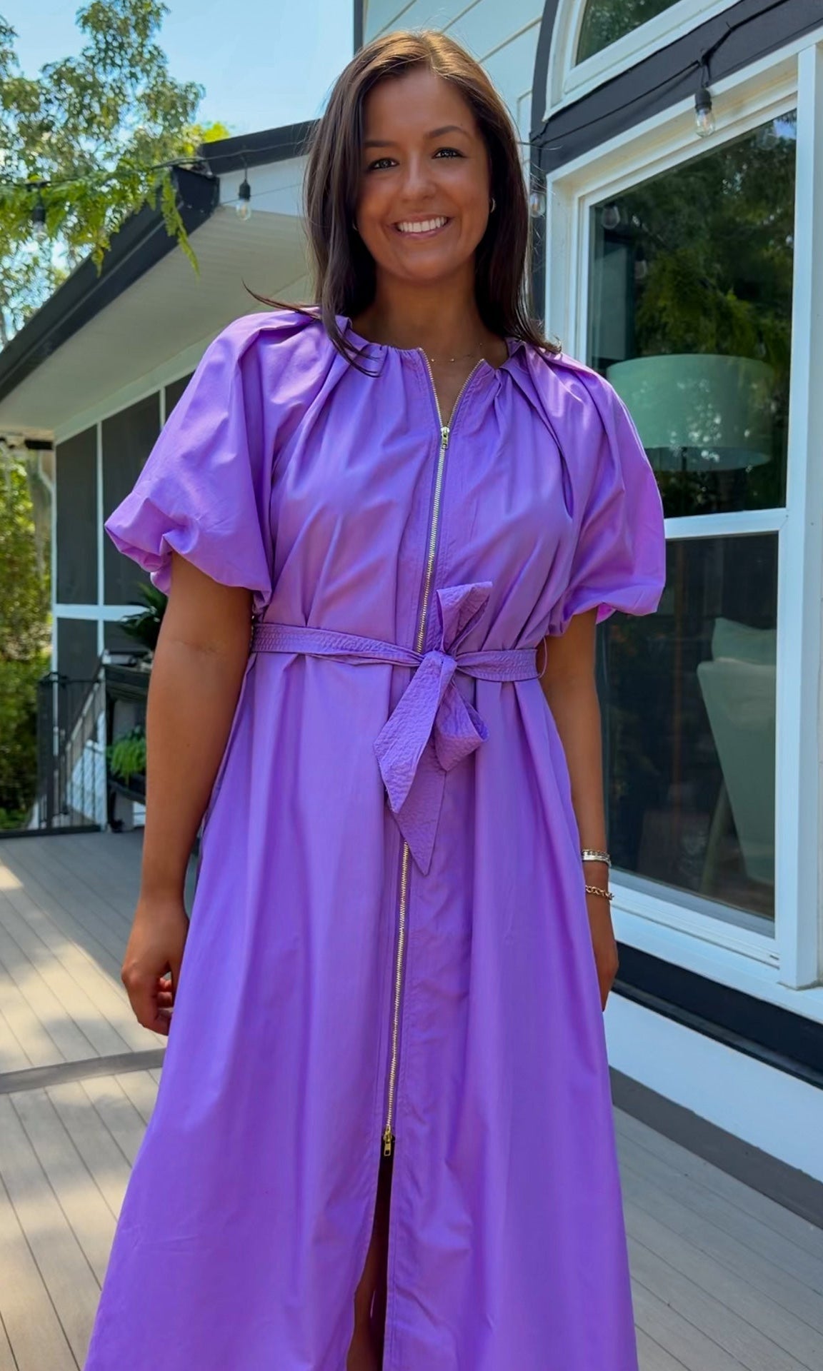 women's midi dress purple dress zipper closure puff sleeves belt
