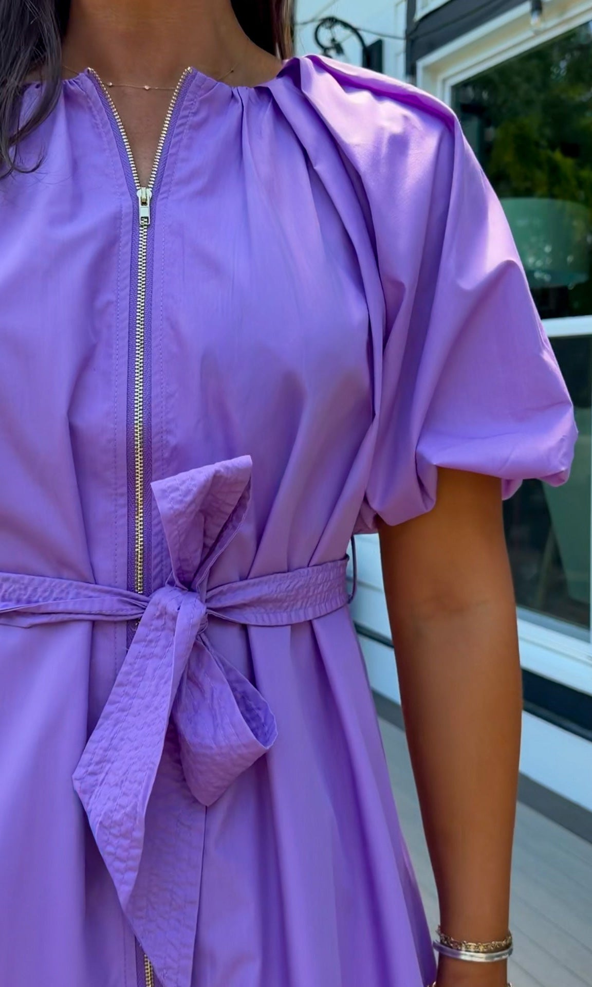women's midi dress purple dress zipper closure puff sleeves belt