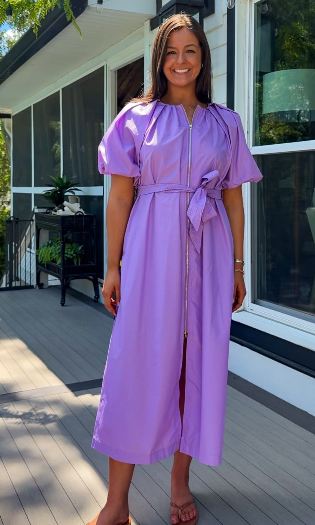 women's midi dress purple dress zipper closure puff sleeves belt