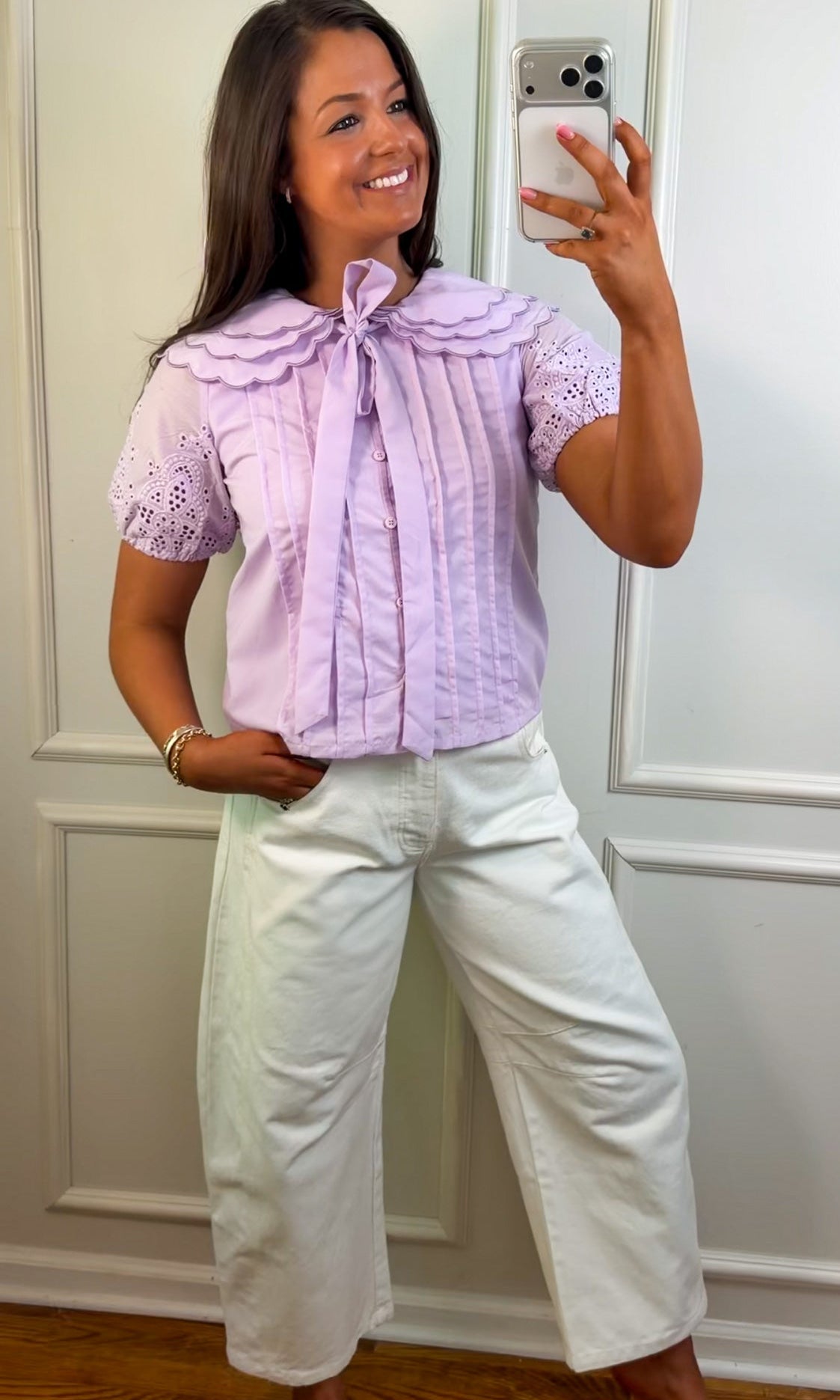 lilac top with eyelet puff sleeves and oversized collar button down closure
