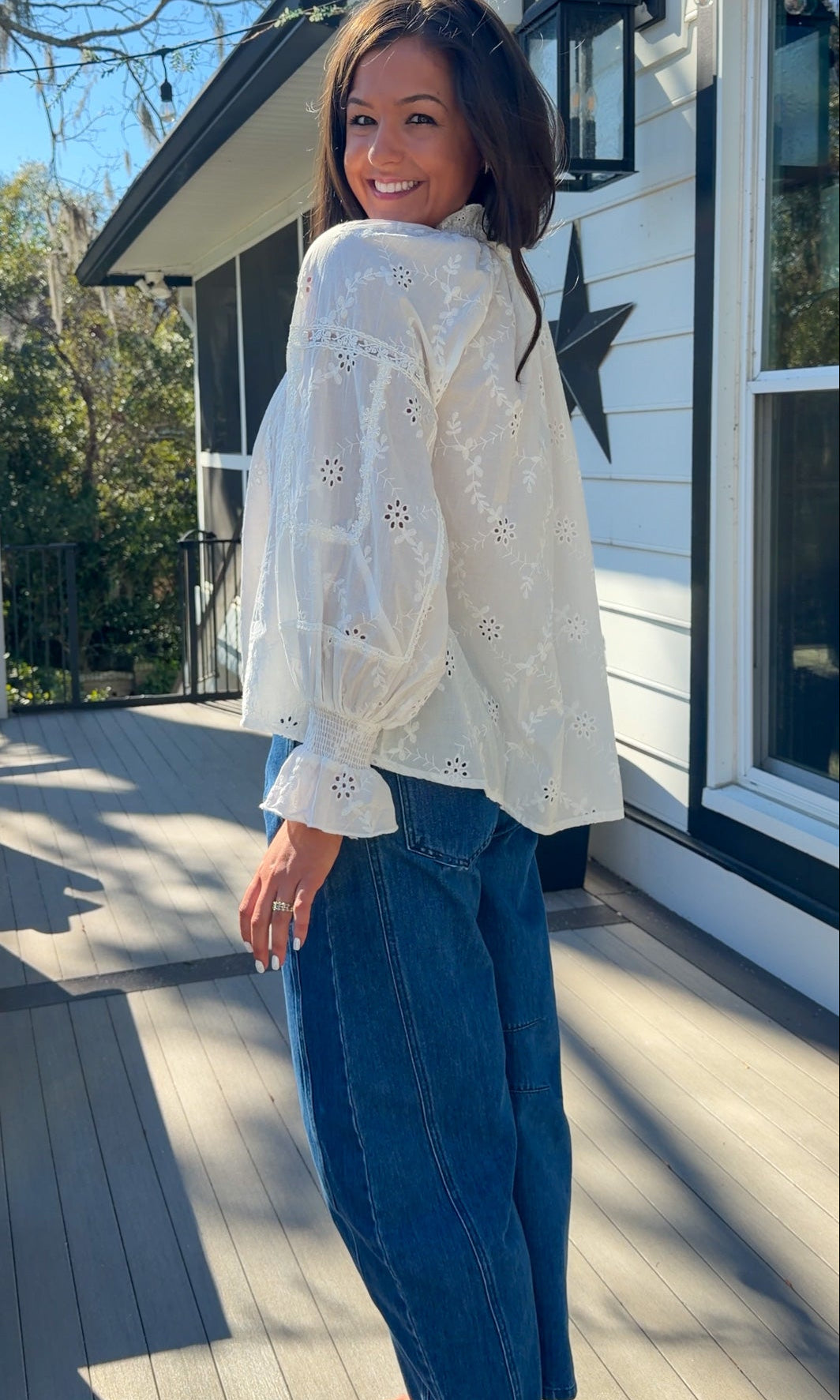 womens long sleeve white blouse lace eyelet detail trim shirt