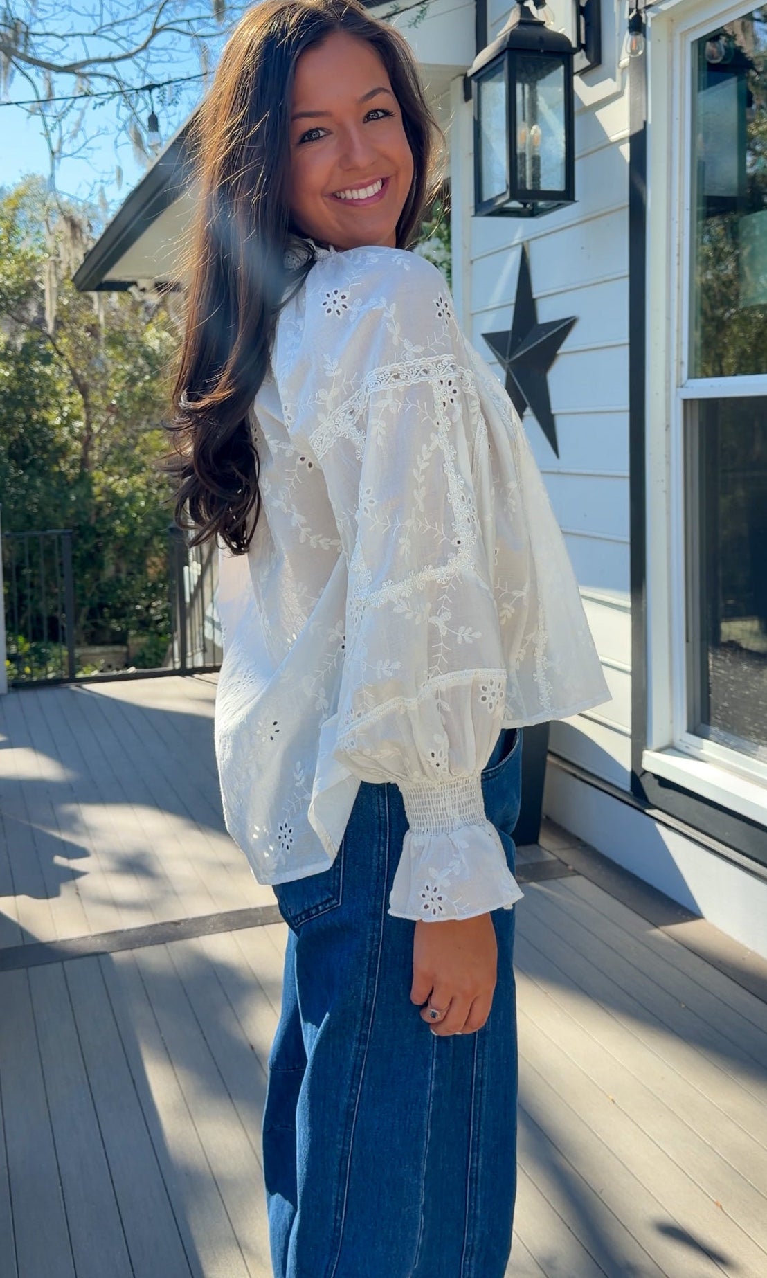 womens long sleeve white blouse lace eyelet detail trim shirt